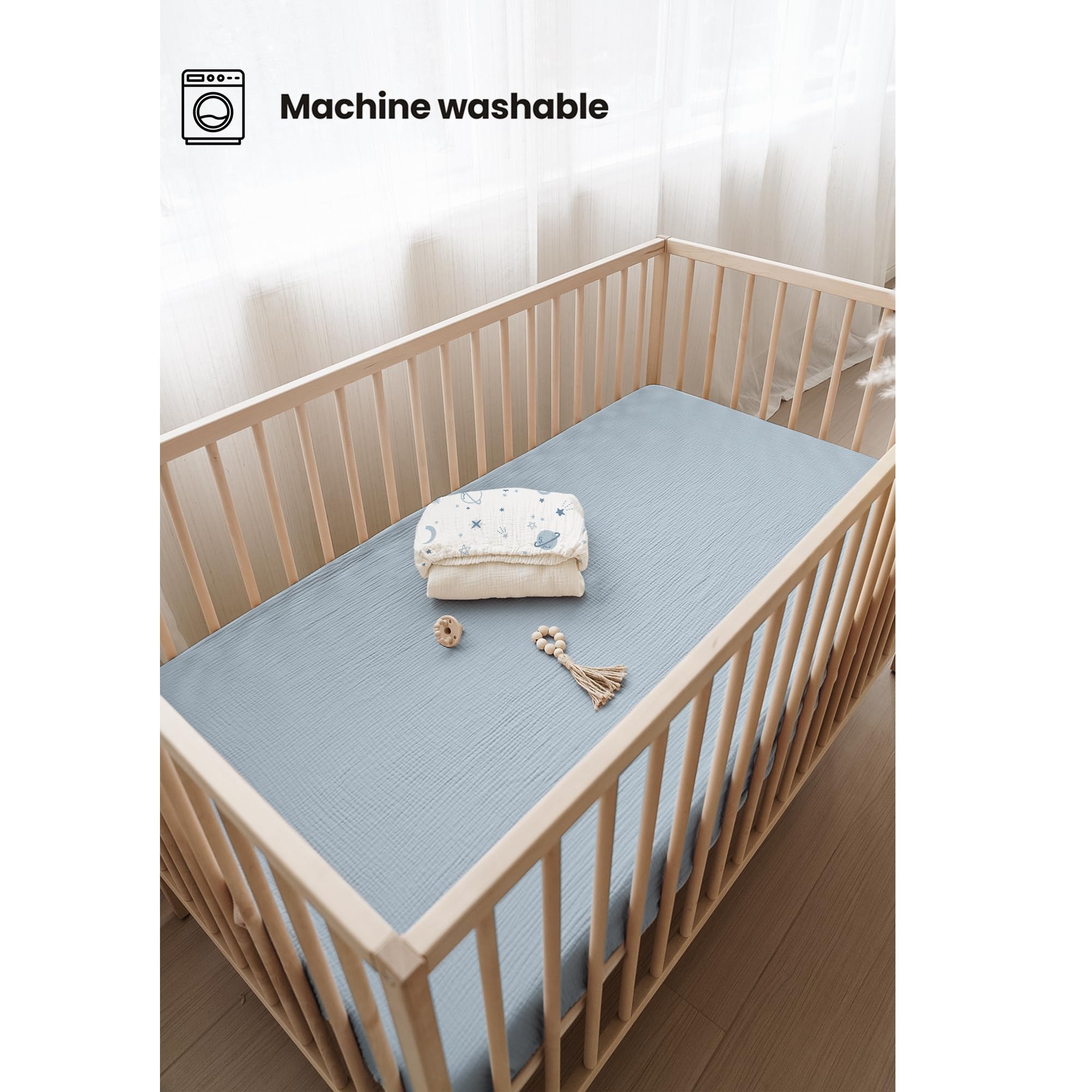 Sábanas de muselina para cuna, para niños, sábanas de algodón suave neutro para colchón estándar de cuna, paquete de 2, 52 x 28 pulgadas (estrella, azul) 4
