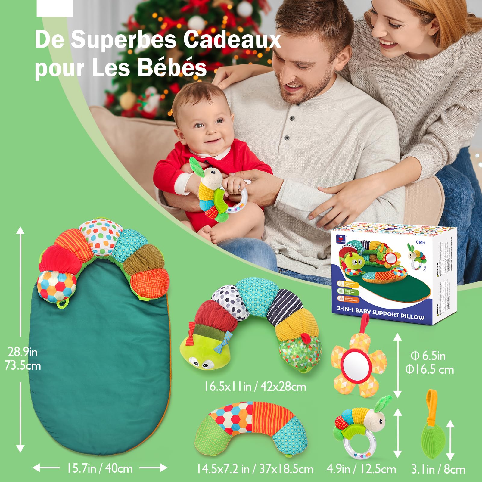 hahaland Jouet Bebe 0-3 6 9 Mois, 3 en 1 Tummy Time Chenille Coussin Bebe Tapis d eveil Bebe avec Anneau Dentition Bebe, Hochet et Miroir, Jouet d'activité et développement pour Nouveau-Nés 0-6Mois