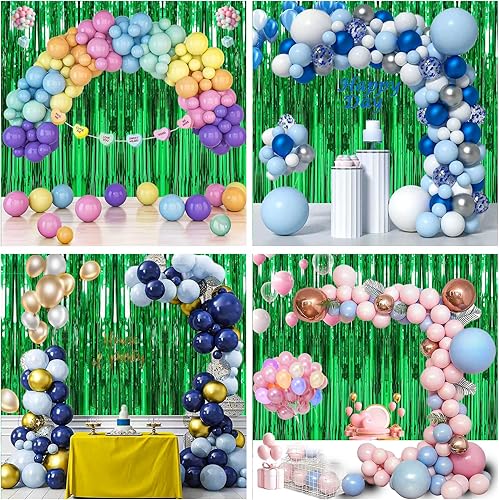 Miniatura 7 de Decoraciones de fiesta de cumpleaños Paquete de 3 cortinas de flecos de papel de aluminio verde de 3.3 x 9.9 pies, suministros de fiesta, telón de