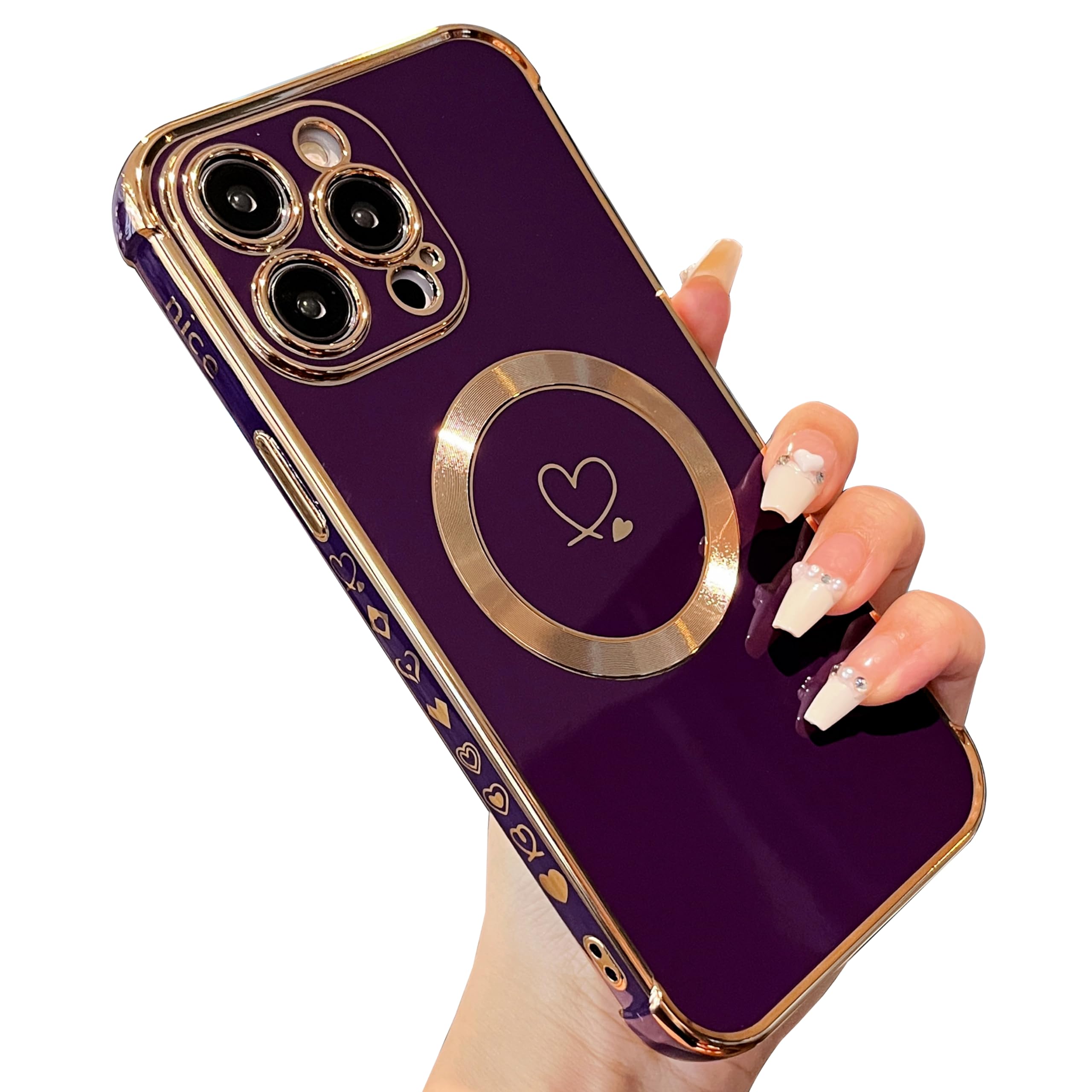 ZTOFERA Magnetic Case for iPhone 14 Pro Max Compatible with MagSafe, Flexible Soft Silicone Protective Phone Case with Cute Love Heart Pattern Golden Rim Shockproof Bumper Cover, Dark Violet