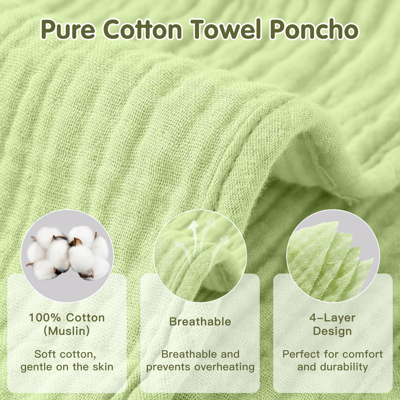 Serviette de Bain Bébé Enfant avec Capuche 100% Mousseline de Coton, Cape de Bain Enfant Douce et Respirante, Poncho de Bain de 0 à 6 Ans, Sortie de Bain Absorbante pour Bain, Plage et Piscine