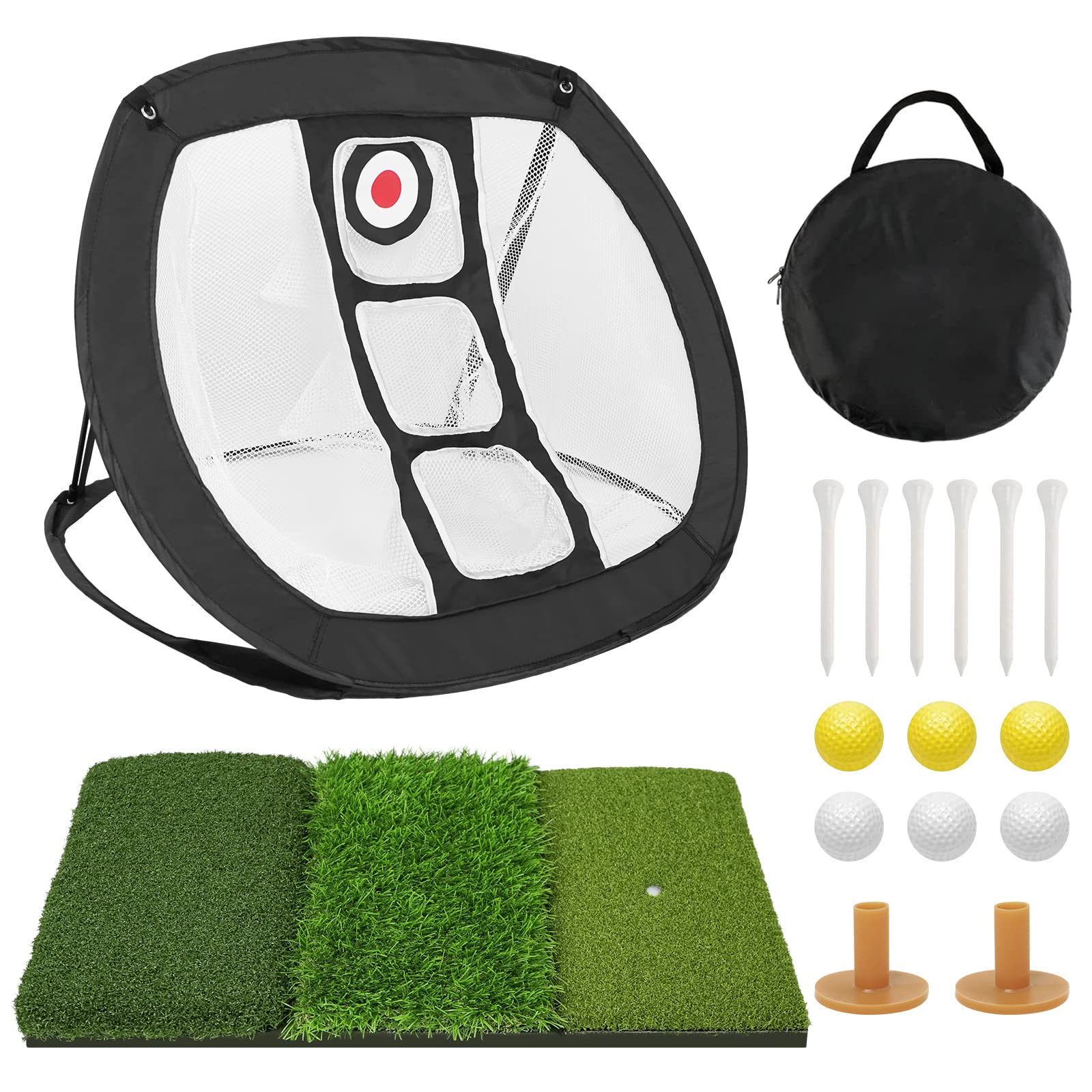 Foldable Golf Hitting Mat Set, 25.2*16.1inch Golf Grass Mat with Portable Chipping Net, 6 Training Balls, 2 Rubber Tees, 6 Adjustable Tees and 2 Ground Stakes for Indoor and Outdoor Practice