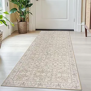 2x5 Washable Rug Cream Beige White Grey Small Area Rug for Entryway, Soft Non-Slip Indoor Door Mat Distressed Floral Low-Pile Kitchen Rugs, Neutral Vintage Carpet for Entrance Kitchen Bedside