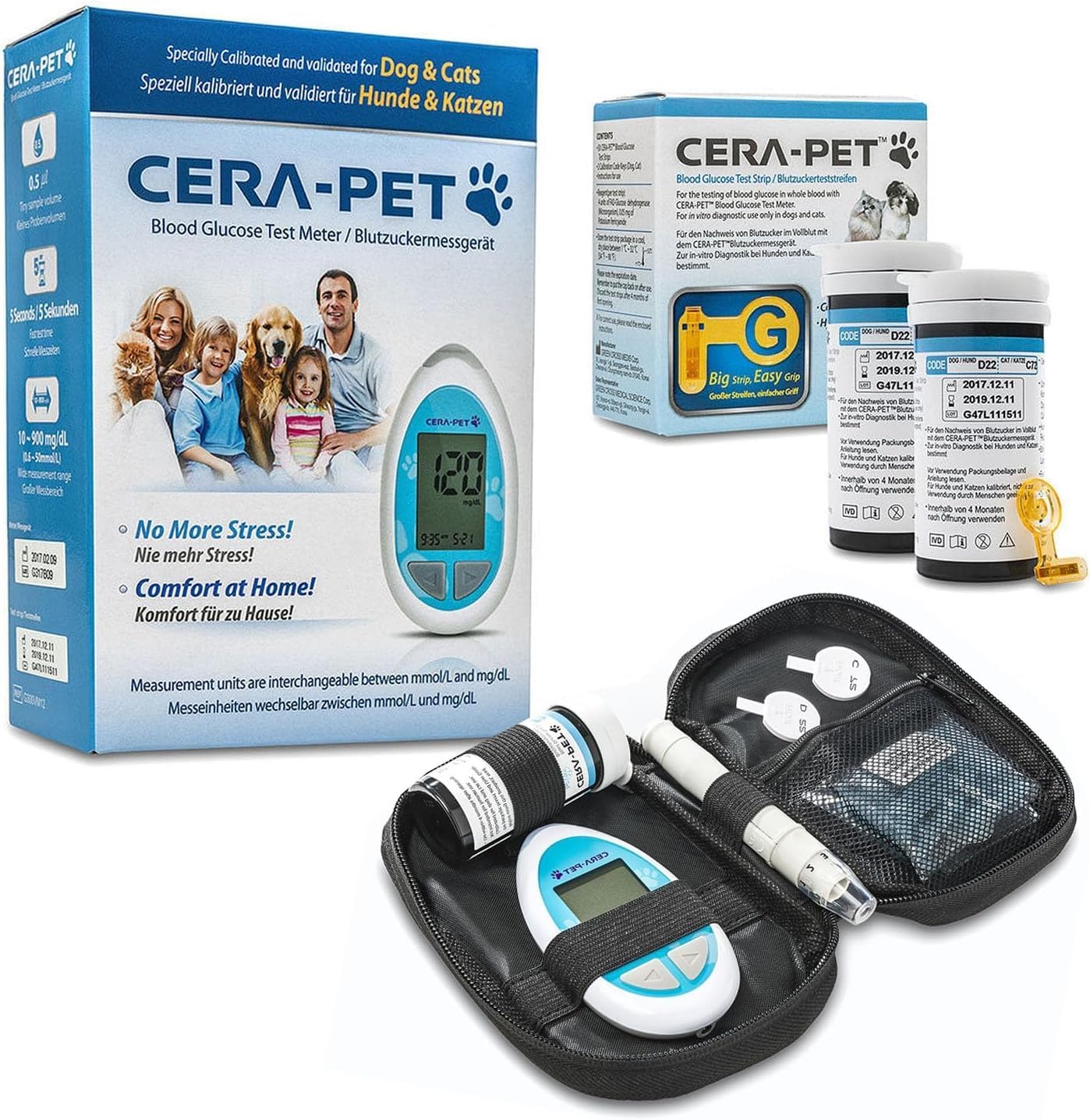 Cera-Pet Blutzuckermessgerät für Tiere I Geeignet für Hunde und Katzen I Vorteilspack: Zusätzlich 50 Blutzuckerteststreifen und 50 Lanzetten im Sparpaket