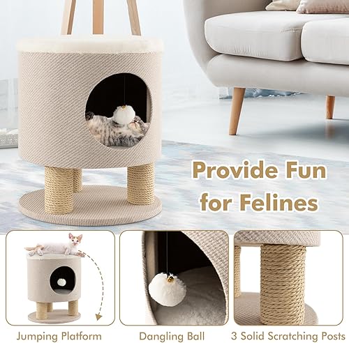 Miniatura 5 de Tangkula Taburete de condominio para gatos de interior, otomana de casa de mascotas y cama para gatitos con postes rascadores y juguete de bola de