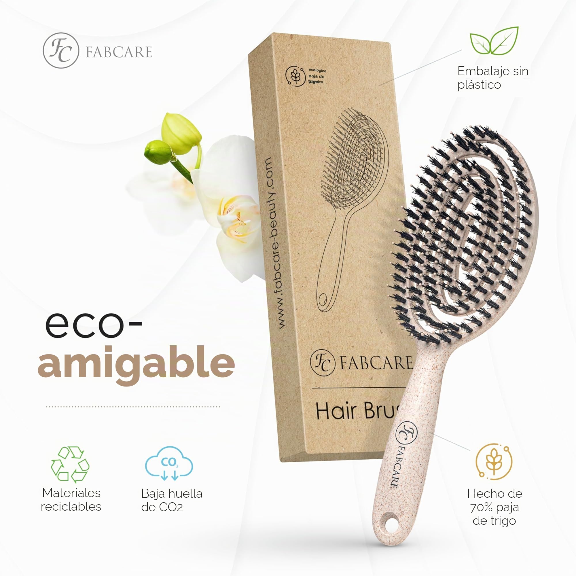 FABCARE Cepillo Cerdas Jabalí, Desenredante Sin Tirones, Peine Antitirones, Pelo Liso y Rizado, Alisador Antirotura Profesional, Ideal para Cuidado Capilar y Estilo Natural (Beige)