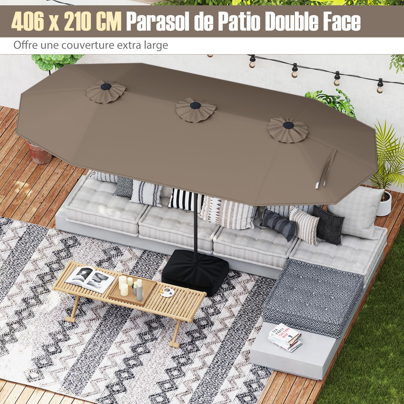 RELAX4LIFE Grand Parasol de Jardin Extérieur avec Pied | Parasol Double Terrasse à 12 Baleines | Manivelle | Polyester Résistant | Verrou de Sécurité | Protection UV pour Piscine Patio Marché (Marron)