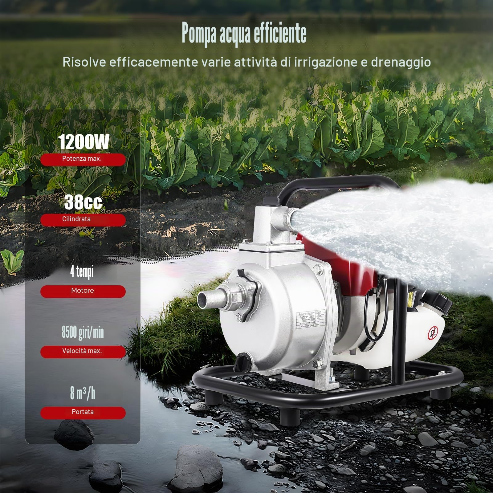 Pompa dell'acqua a benzina a 4 tempi, pompa motore da 1,2 kW con 8100 l/h e 30 m di altezza di estrazione, 10500 giri/min, avviamento via cavo, capacità serbatoio olio 900 ml, diametro