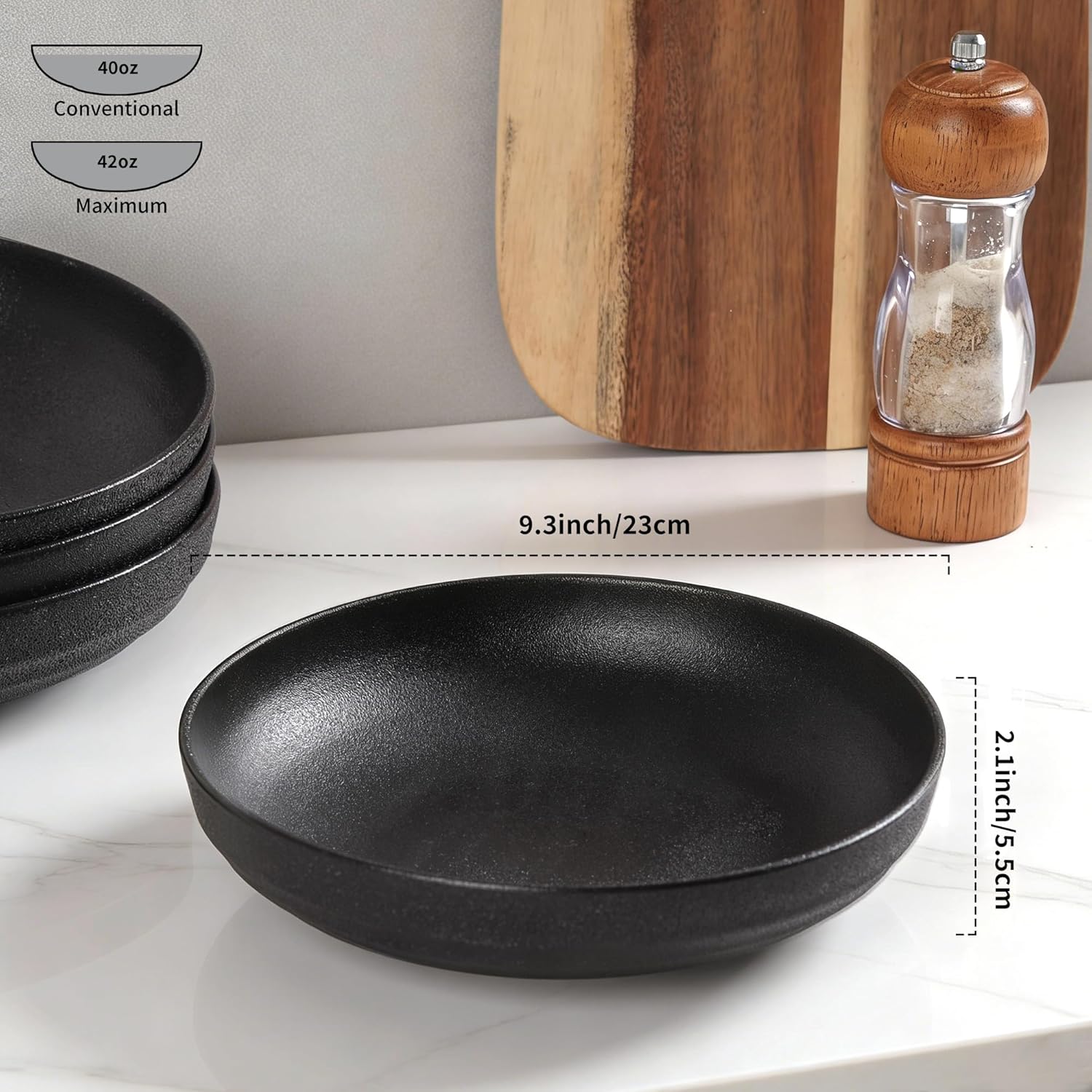 Pasta Bowls Set of 4, Black Matte Ceramic Large Serving Bowls 9 Inch 42oz, Modern Dinnerware Bowl Set, Dishwasher Microwave Safe, Kitchen Bowls for Family Dinner