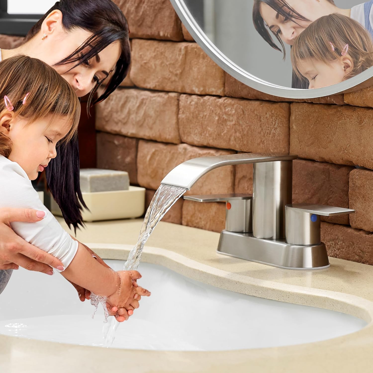 Waterfall Bathroom Sink Faucet 4 Inch Brushed Nickel Faucet Bathroom with Pop Up Drain 2 or 3 Holes Bathrooms Basin Lavatory Mixer Tap with Deck Mount Plate - Image 8