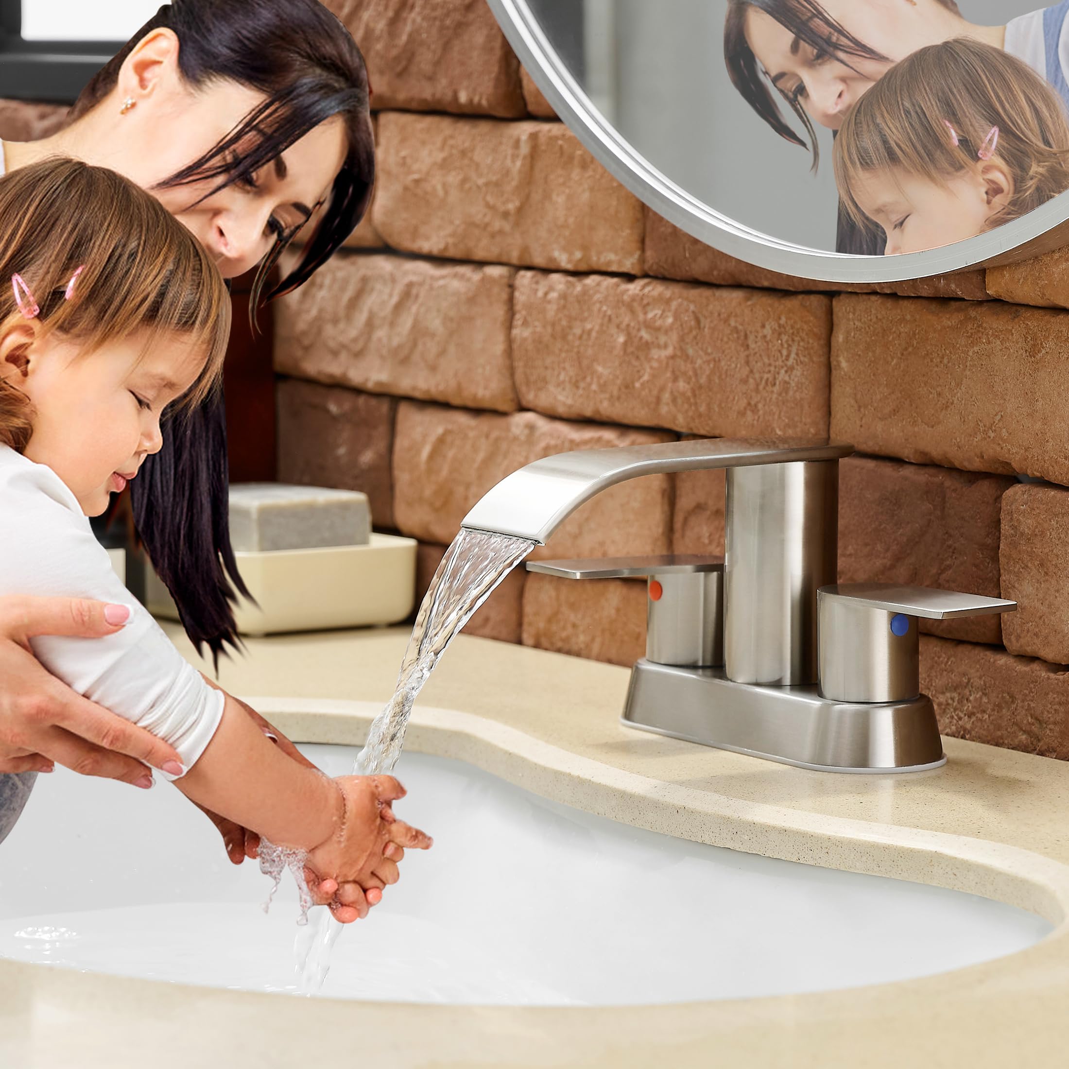 Waterfall Bathroom Sink Faucet 4 Inch Brushed Nickel Faucet Bathroom with Pop Up Drain 2 or 3 Holes — view 8