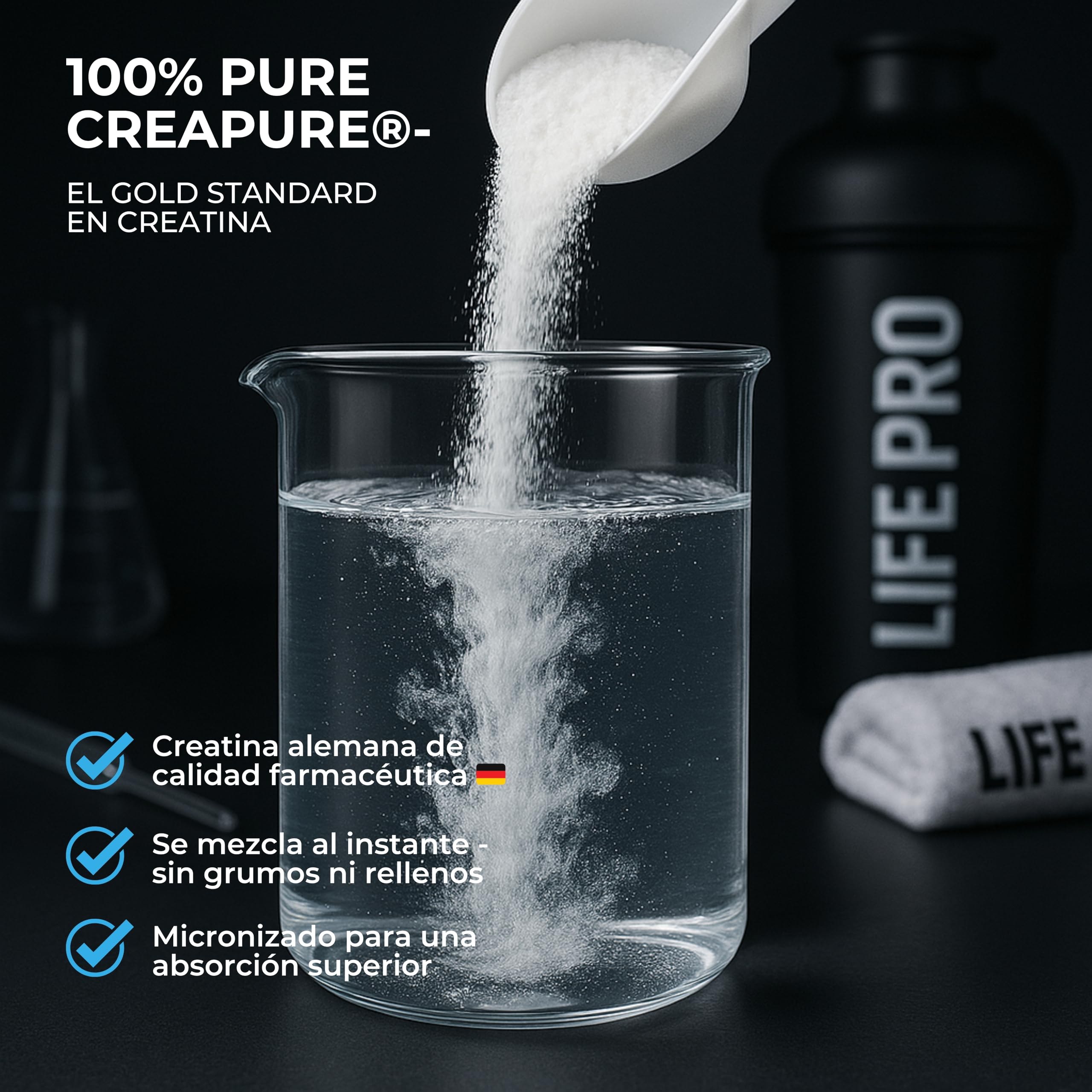Creatina Monohidratada Creapure Life Pro – Creatina Micronizada Pura, Hasta 216 Tomas – Sin Gluten, Para Fuerza, Energía y Recuperación Muscular – Calidad Alemana (650g - 1,4lbs, Sin sabor)