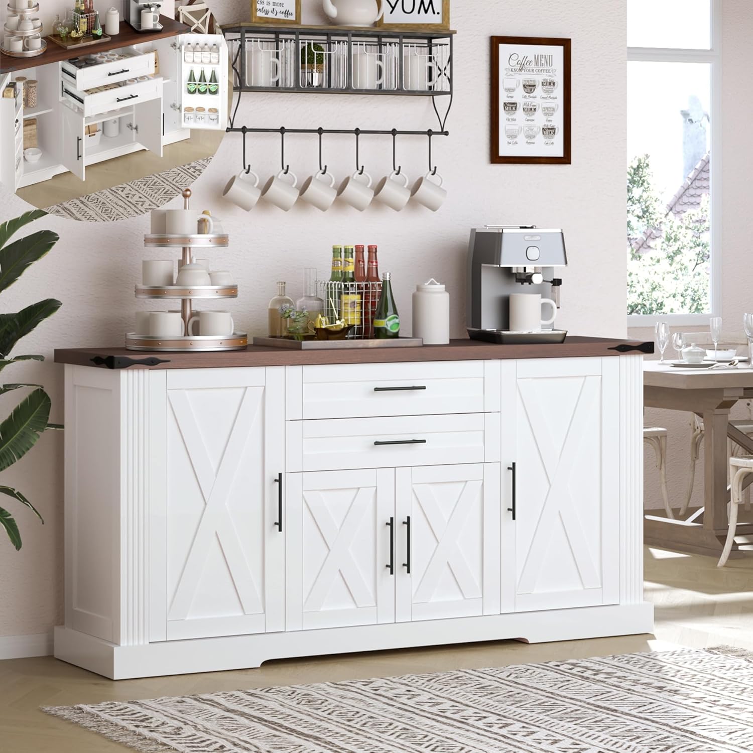 KEIKI 63" Farmhouse Barn Door Storage Cabinet with 2 Drawers & Door Racks, Large Buffet Sideboard with Adjustable Shelves, Coffee Bar Cabinet for Kitchen Living Room Entryway, White