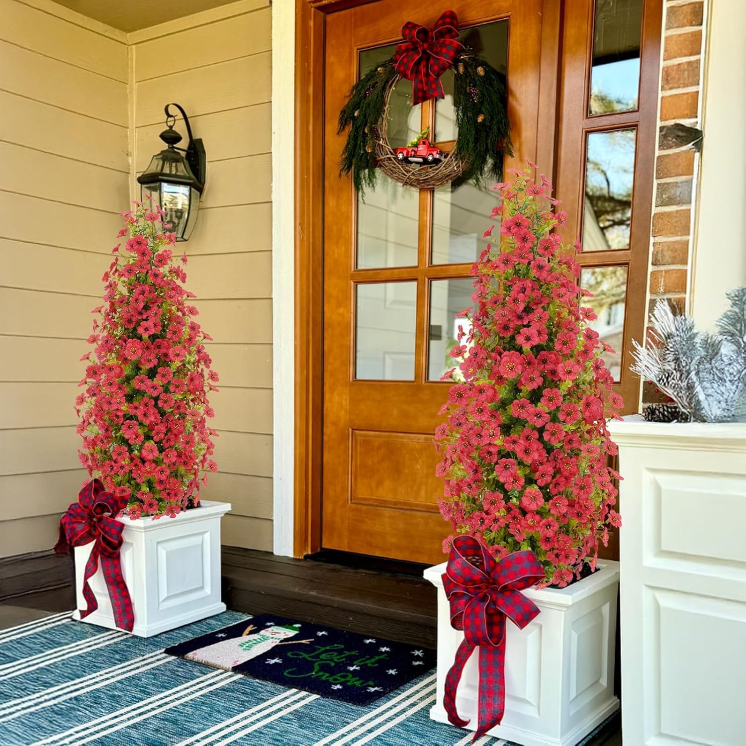 2 Pcs 3.6FT Topiary Trees Artificial Outdoor, Faux Flowers Violet Tree UV Resistant Shrubs for Indoor Planters Outdoor Porch Halloween Decoration (Red)