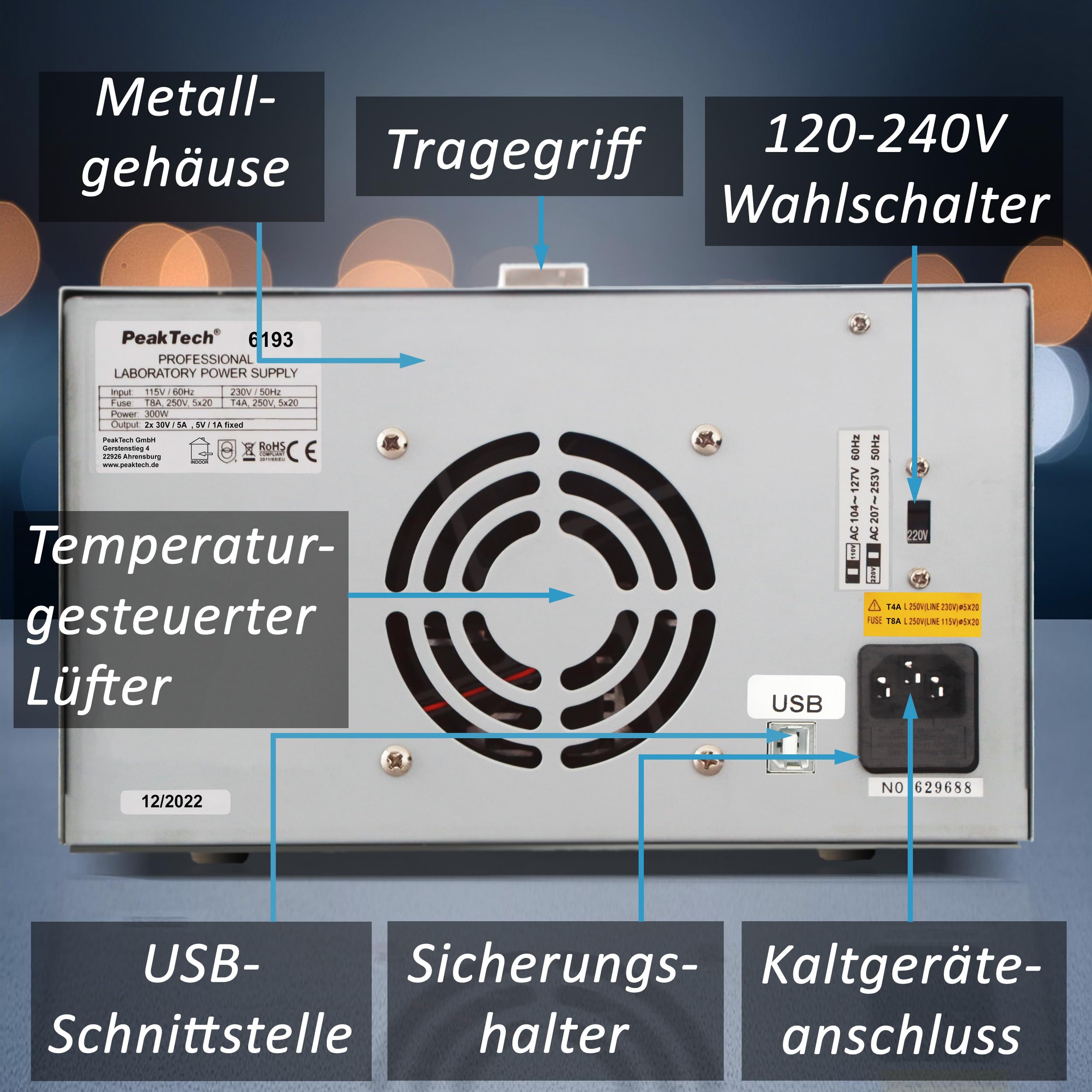 PeakTech 6193-2CH Labornetzteil DC 0-30V 0-5A 300W Labornetzgerät USB