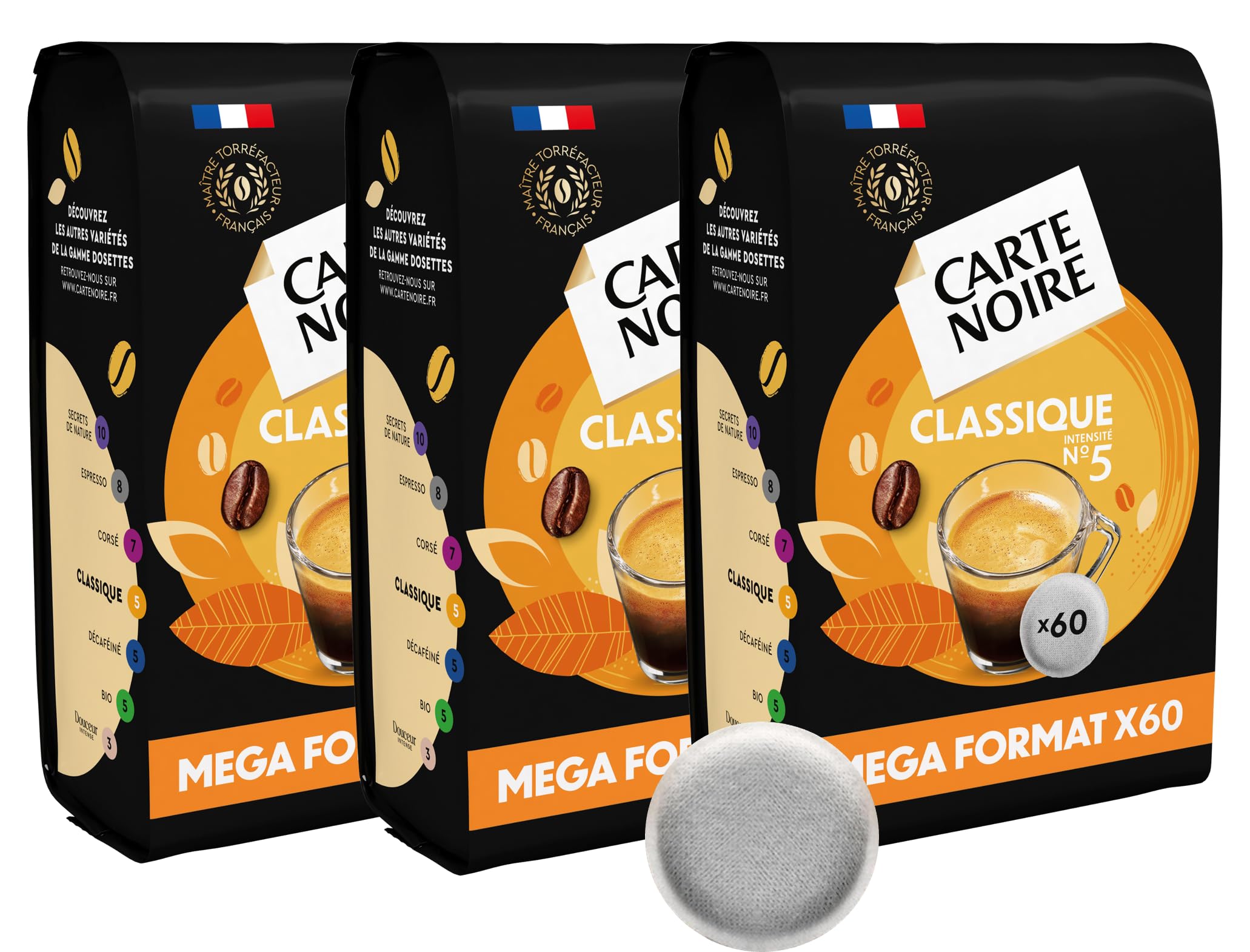 CARTE NOIRE – Café en Dosettes Souples Classique N°5 – Pur Arabica - 3 Paquets de 60 Dosettes – Compatibles Senseo (180 dosettes)