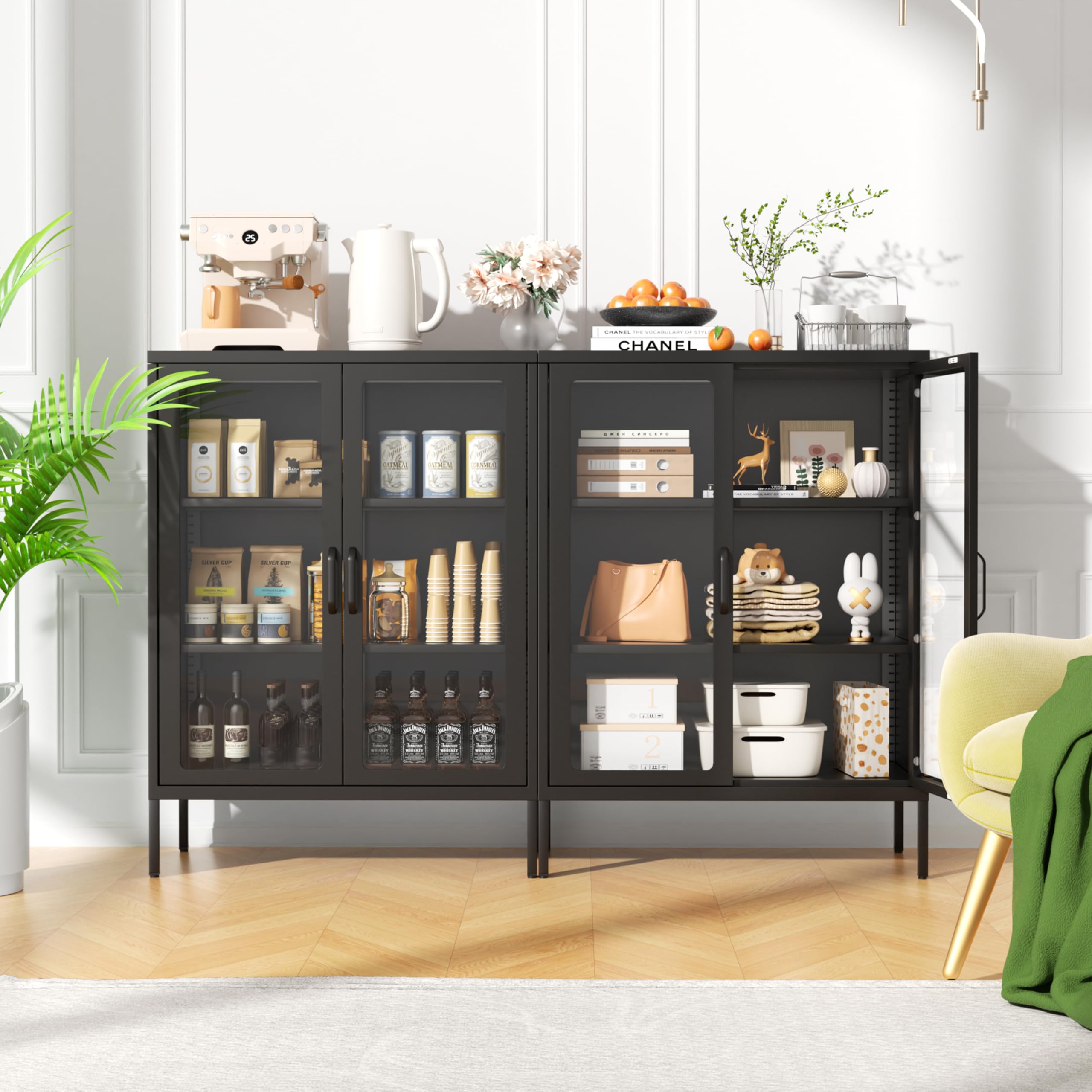 Greenvelly Metal Display Cabinet with Glass Doors,42" Metal Modern Glass Display Cabinet with Adjustable Shelves,Steel Buffet Cabinet with Storage and Legs for Living Room,Dining Room, Bedroom(Black)…