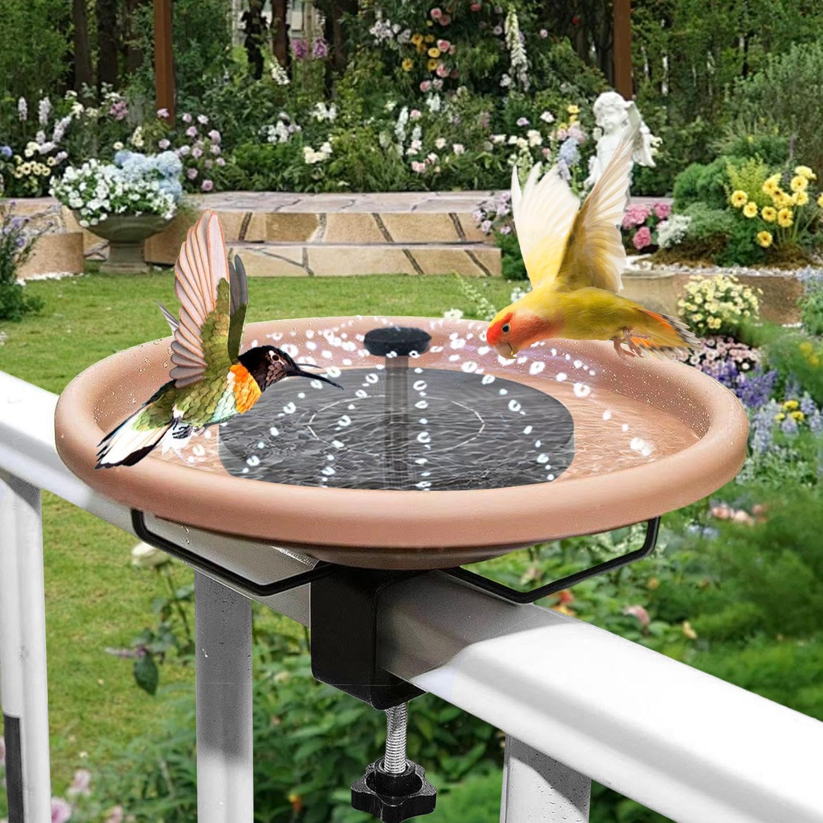 Bol de Bain pour Oiseaux monté sur Le Pont, Fontaine Solaire Amovible pour Bain d'oiseaux et Pince Robuste, mangeoire à Oiseaux montée sur Le Jardin pour Jardin, étang, Piscine, extérieur