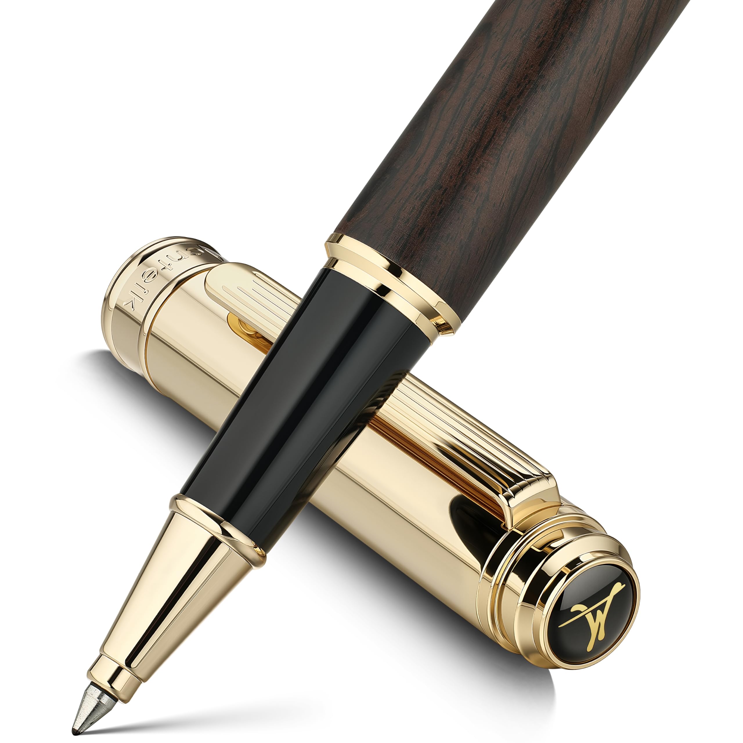 MCNTEIK 316 Luxury Journaling Pen, Nice Natural Wood for Writing, 24K Gold Accents, Schmidt refill, Fancy Rollerball, Wooden Gift Set for Men&Women, Executive&Graduation Work Christmas Pens-Blackwood