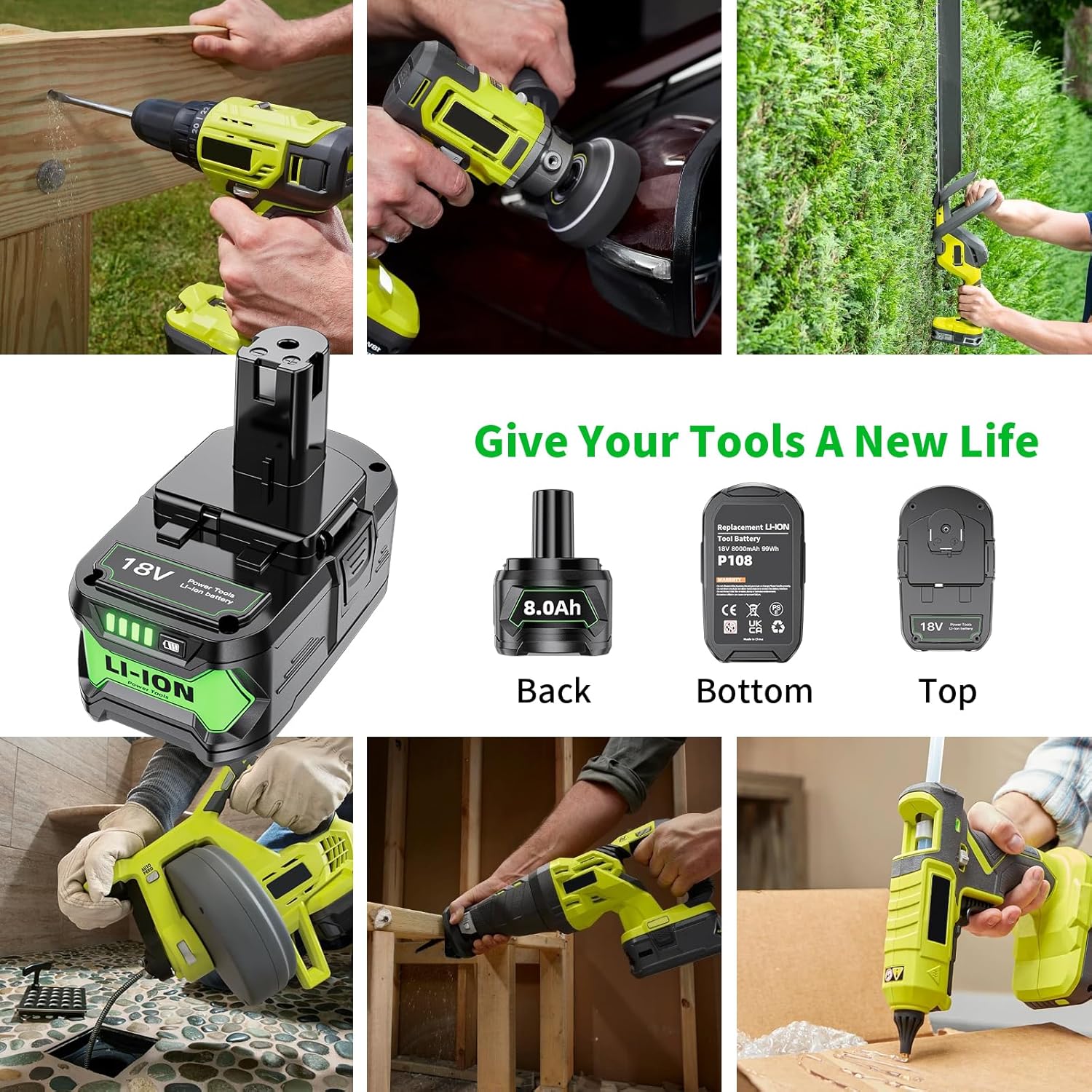 Upgraded 8.0Ah Replace for Ryobi 18V Battery and Charger Combo Compatible with Ryobi 18v Battery Charger P117 and Batteries P108 P102 P103 P104 P105 P107 P109 P122 Cordless Power Tools - Image 9