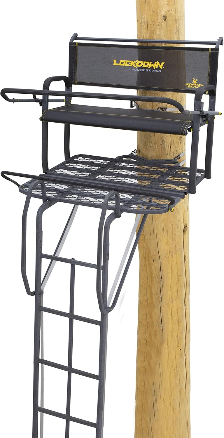 Rivers Edge Lockdown 21' 2-Man Ladder Treestand, Towering 21' Height with Flip-up TearTuff Bench Seat, Wide 42" Platform, Featuring The Ultimate Shooting Rail, LD202E, Black