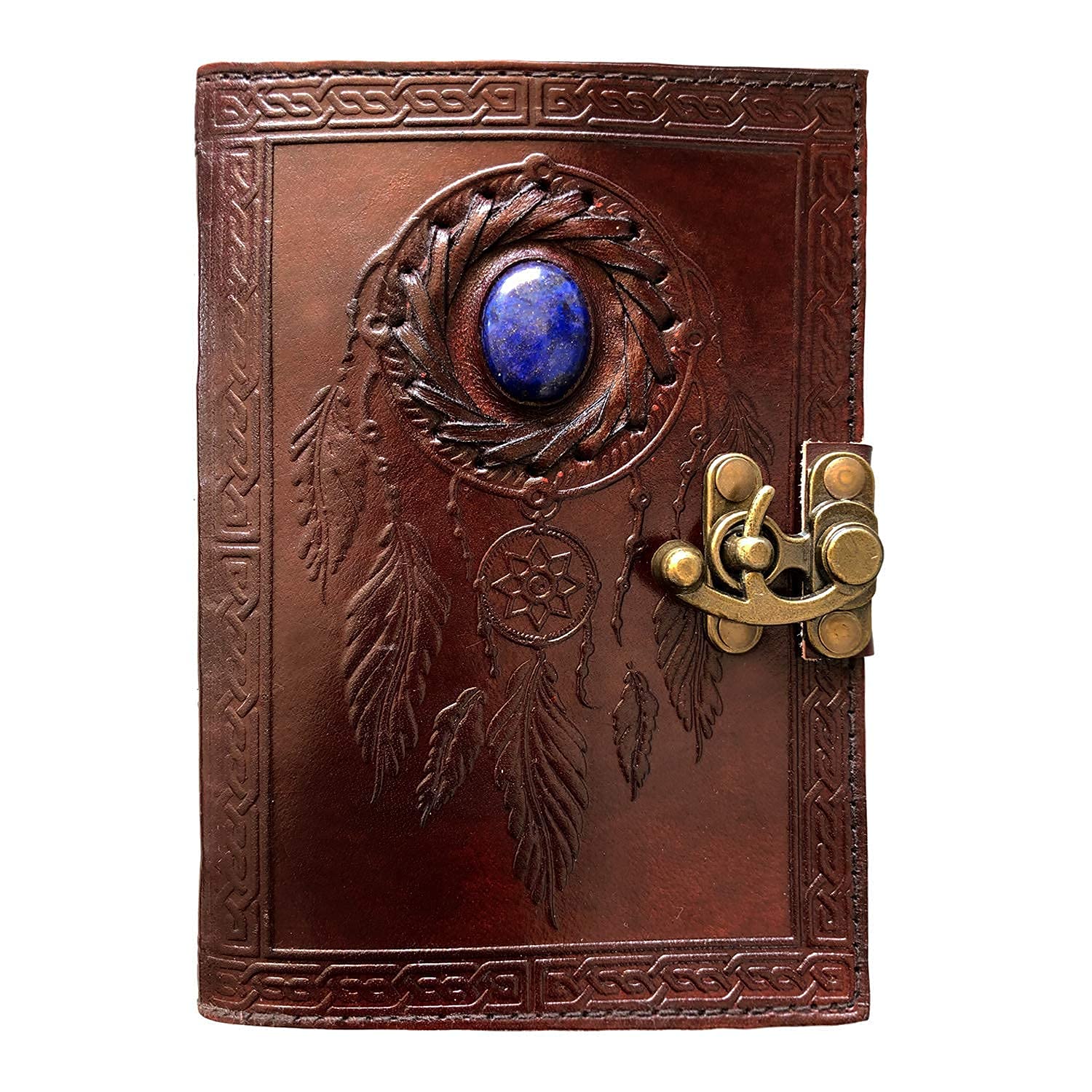 Lovely Craft Journey Brown Best Gift for Men Women Brown Color 7x5 inch Handmade Paper Leather Journal Diary with Engraved Blue Stone Dairy