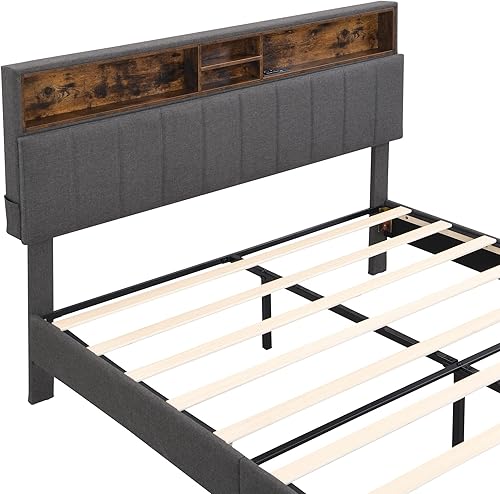 Miniatura 9 de Bellemave Cama de plataforma tapizada Queen con cabecera de almacenamiento y puertos USB, cama tamaño Queen con cabecera de estante, marco de cama
