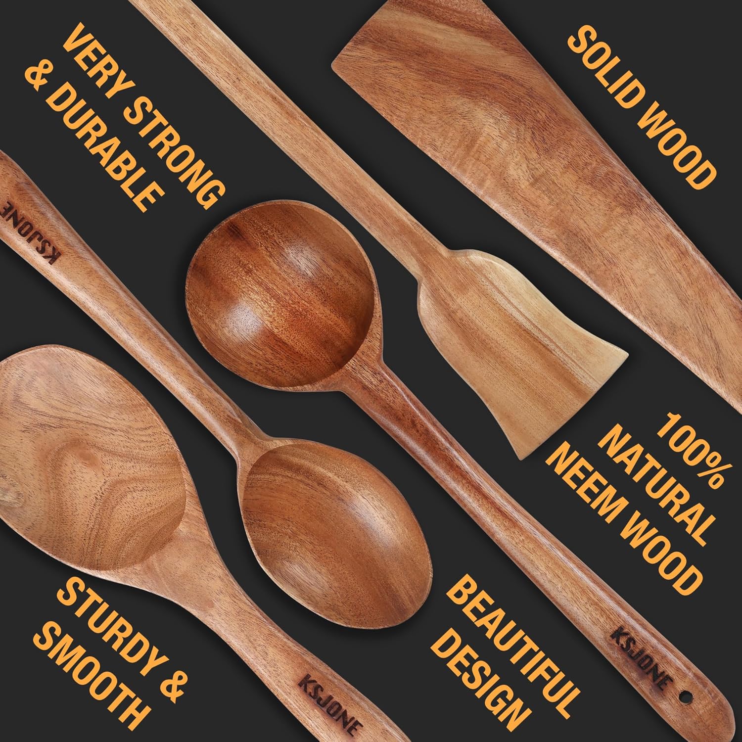Neem Wood Kitchen Utensils Set, 5 Pcs Wooden Cooking Utensils Set, Wooden Utensil Set for Nonstick Pans and Cookware, Sturdy, Lightweight and Heat Resistant - Image 4