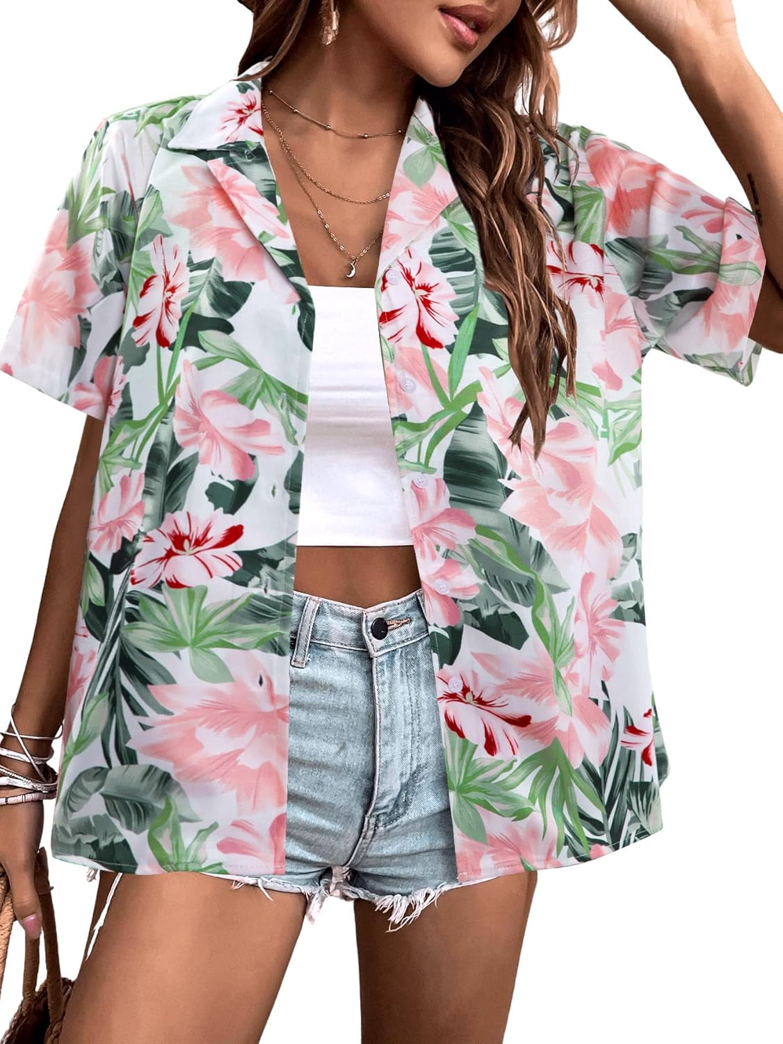 Women Hawaii Shirts: Soft Cool Floral Tropic Print V Neck Summer Tops Short Sleeve Button Up Tops T-Shirt