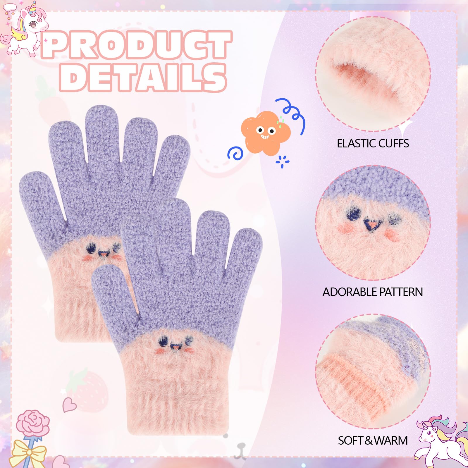 QKURT Lot de 3 paires gants magiques enfants tricotés chauds élastiques mitaines hiver 6-14 ans