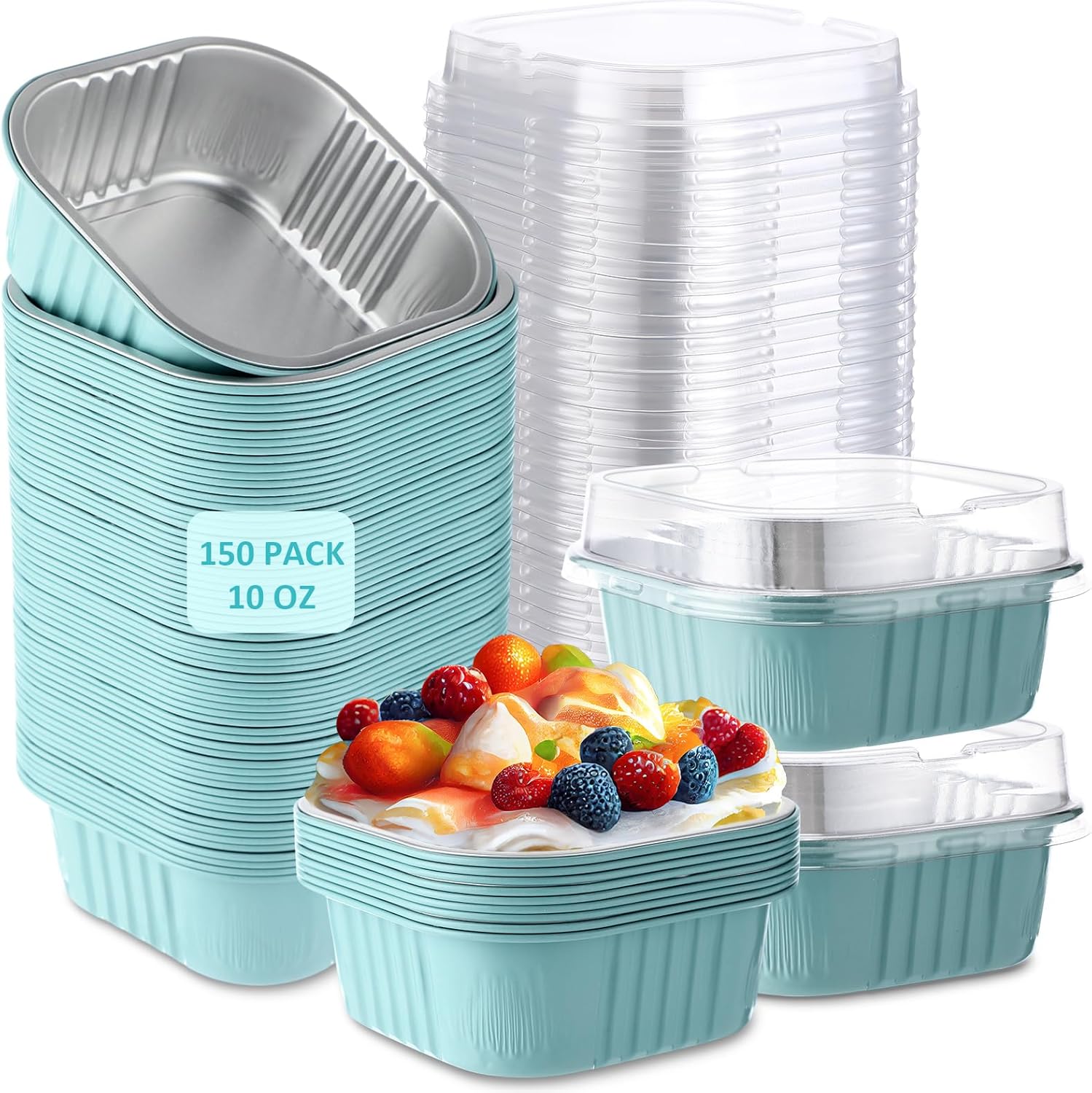 Aoriher 150 Pieces 10 oz Mini Cake Pans with Lids Aluminum Foil Baking Cups Square Disposable 4" x 4" Large Cupcake Cups Baking Tins for Kitchen Brownie Pudding Desserts Holders(Light Blue)
