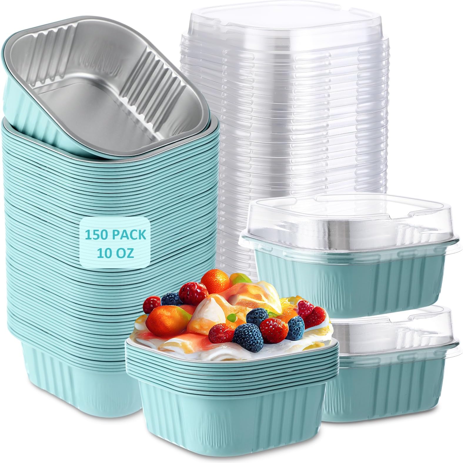 Aoriher 150 Pieces 10 oz Mini Cake Pans with Lids Aluminum Foil Baking Cups Square Disposable Cupcake Cups Baking Tins for Kitchen Brownie Pudding Desserts Muffin Ramekins Holders(Light Blue)