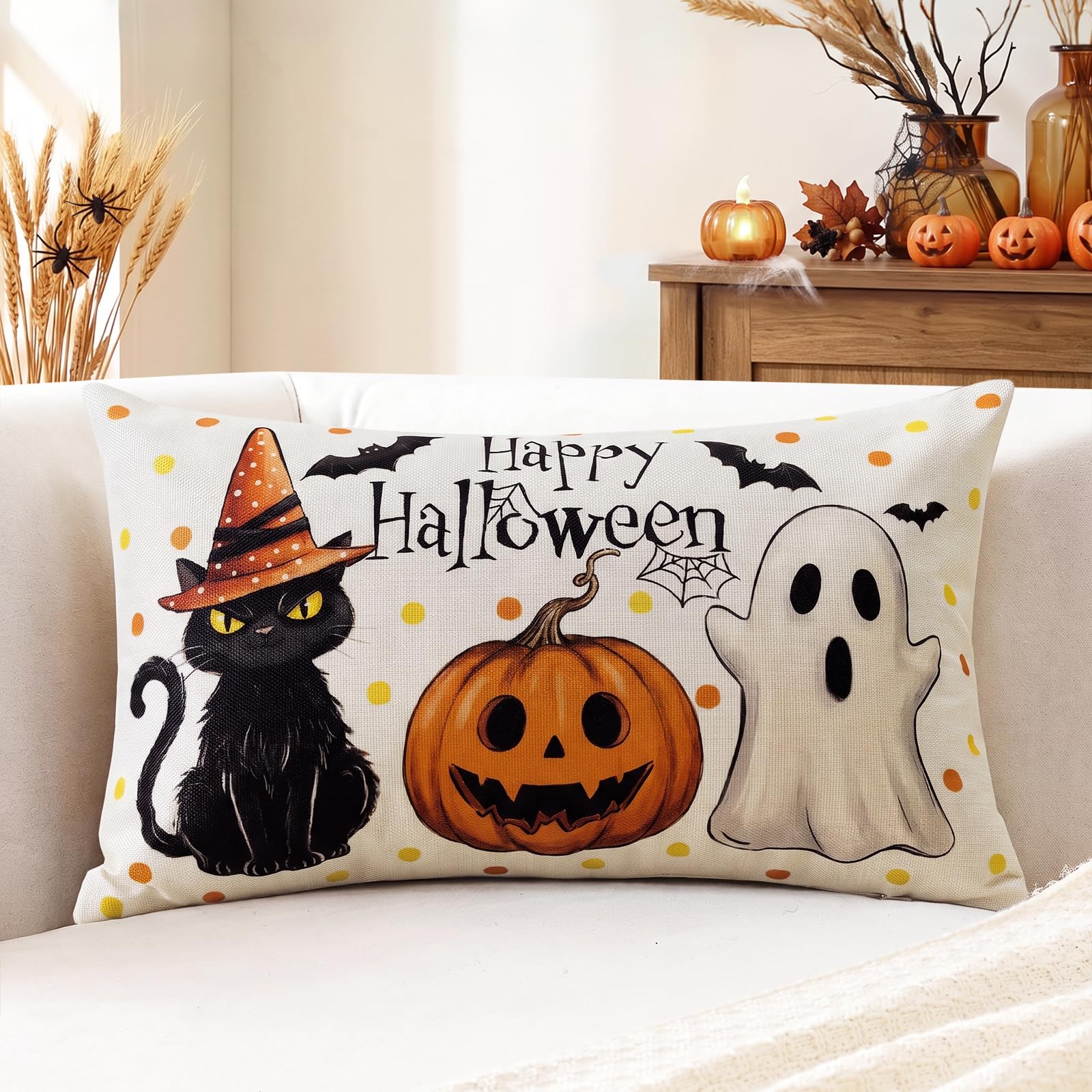 Artscope Halloween Cushion Cover 30x50cm, Set of 1 Black Cat Pumpkin Ghost Pillowcase Autumn Halloween Pillow Cover for Sofa Living Room Holiday Party Fall Decor
