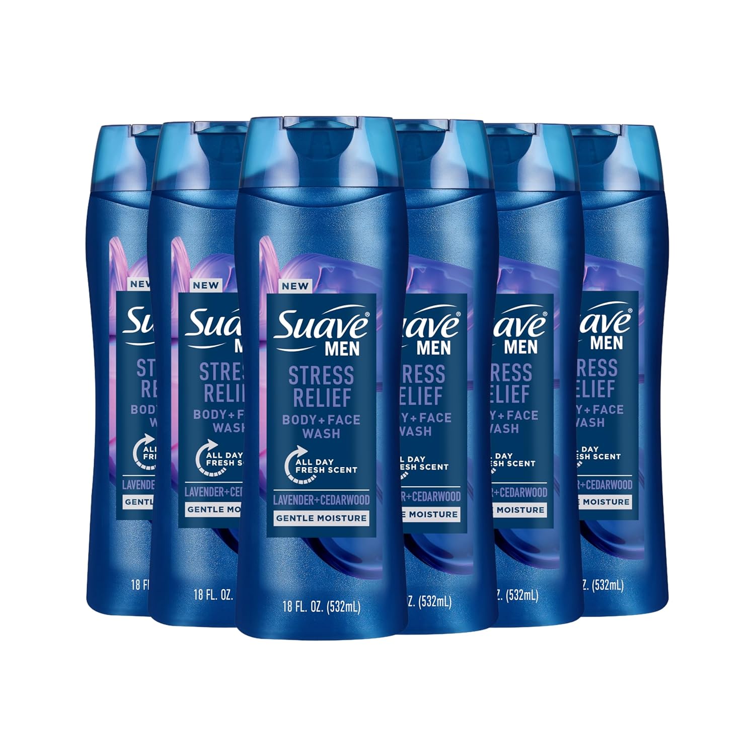 Suave Men’s Stress Relief Body + Face Wash, Gentle Moisture with Lavender & Cedarwood All Day Fresh Scent, 18 oz, 6 Pack Suave Men’s Stress Relief Body + Face Wash, Gentle Moisture with Lavender & Cedarwood All Day Fresh Scent, 18 oz, 6 Pack
