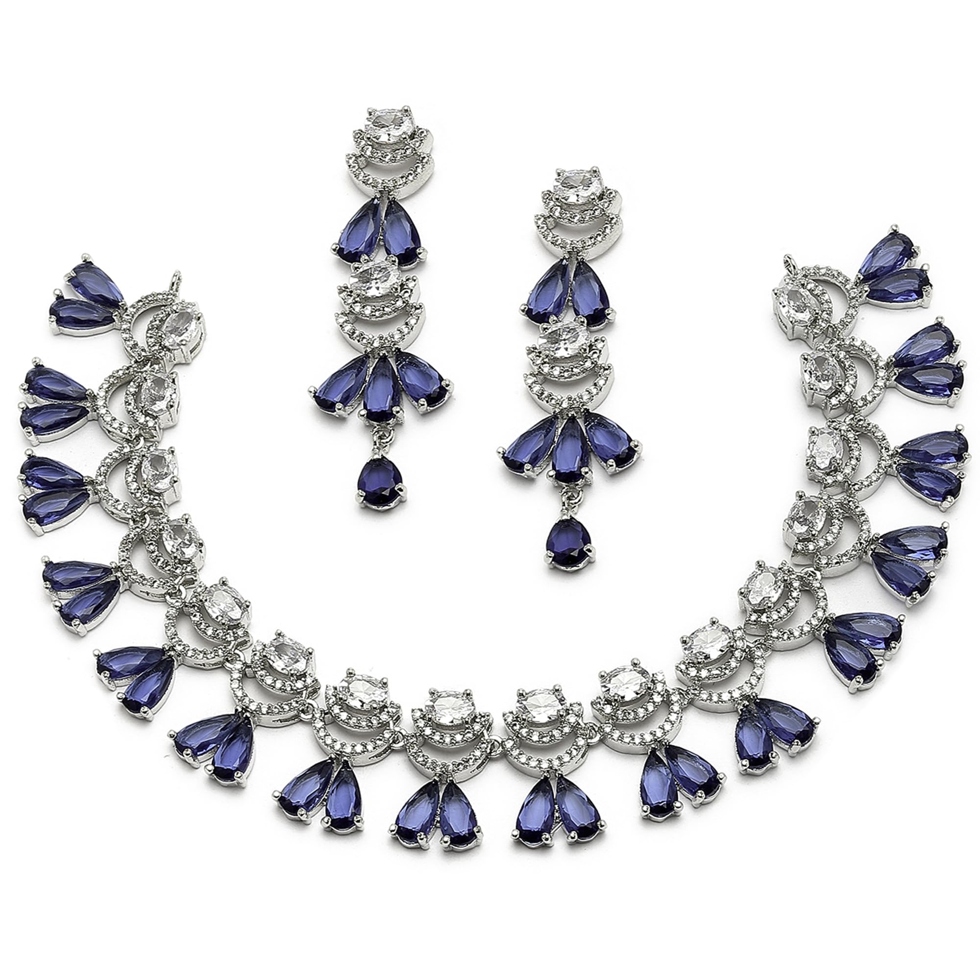 ZENEME Rhodium-Plated American Diamond Studded Teardrop & Crescent Shaped Necklace With Earrings Jewellery Set For Girls and Women (Navy Blue) (B0CGQ1J4RD) Amazon Price History, Amazon Price Tracker