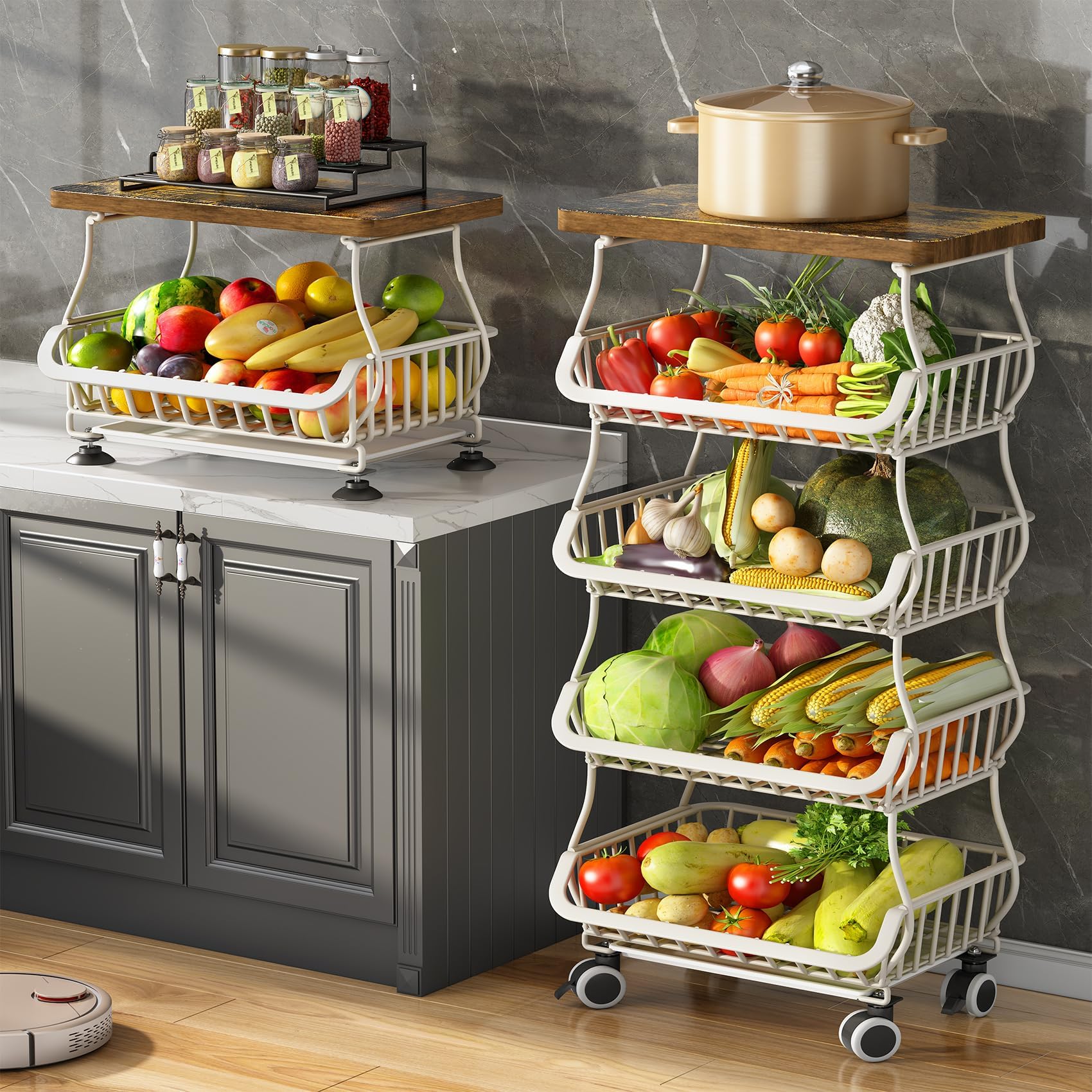 SAYZH Fruit Basket for Kitchen with Wood Top 5 Tier, Stackable Fruit and Vegetable Storage Cart, Wire Storage Basket with Wheels, Vegetable Basket