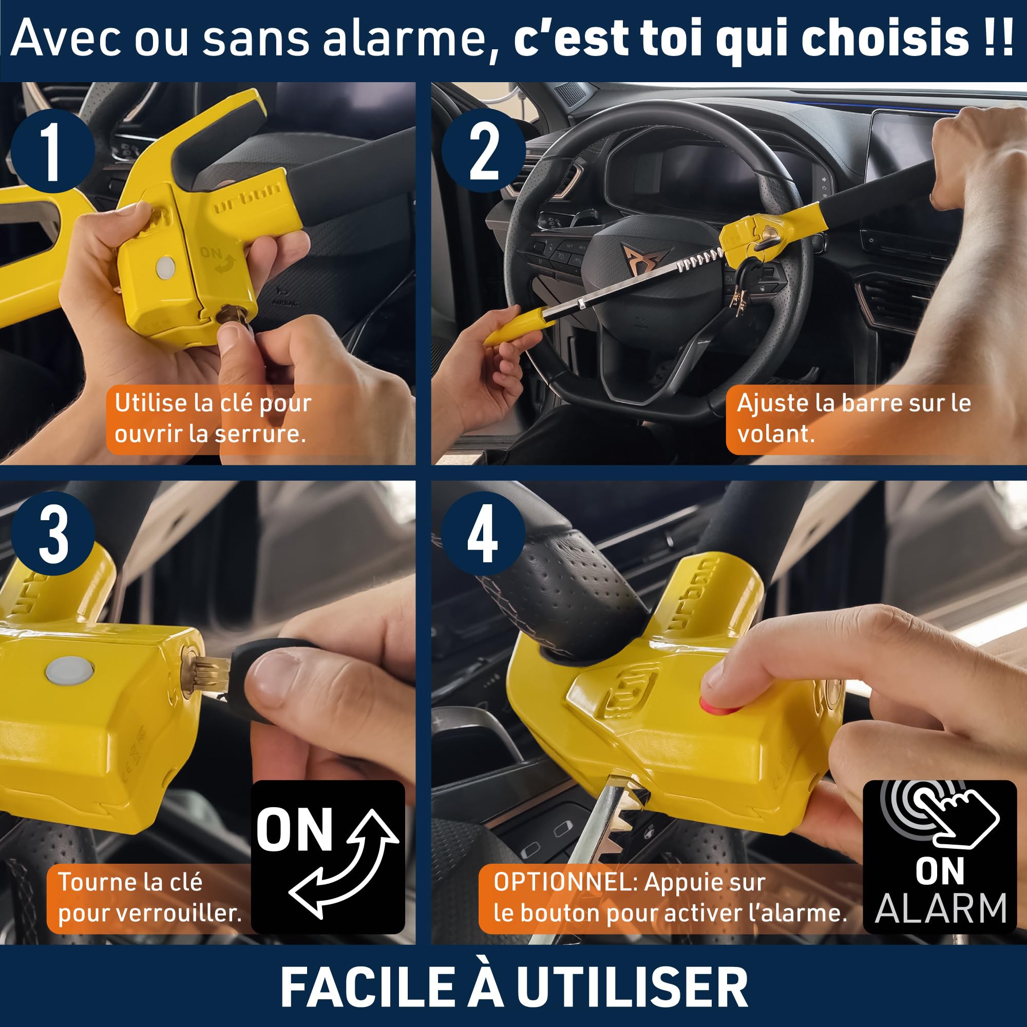URBAN UR978Y Antivol Voiture Double Sécurité | Canne Antivol Voiture + Alarme Hi-Tech 120dB LED Warning | Sûr, Dissuassif, Résisté Tentative Vol | Bloque Volant Breveté, Barre Bloc Auto Universelle