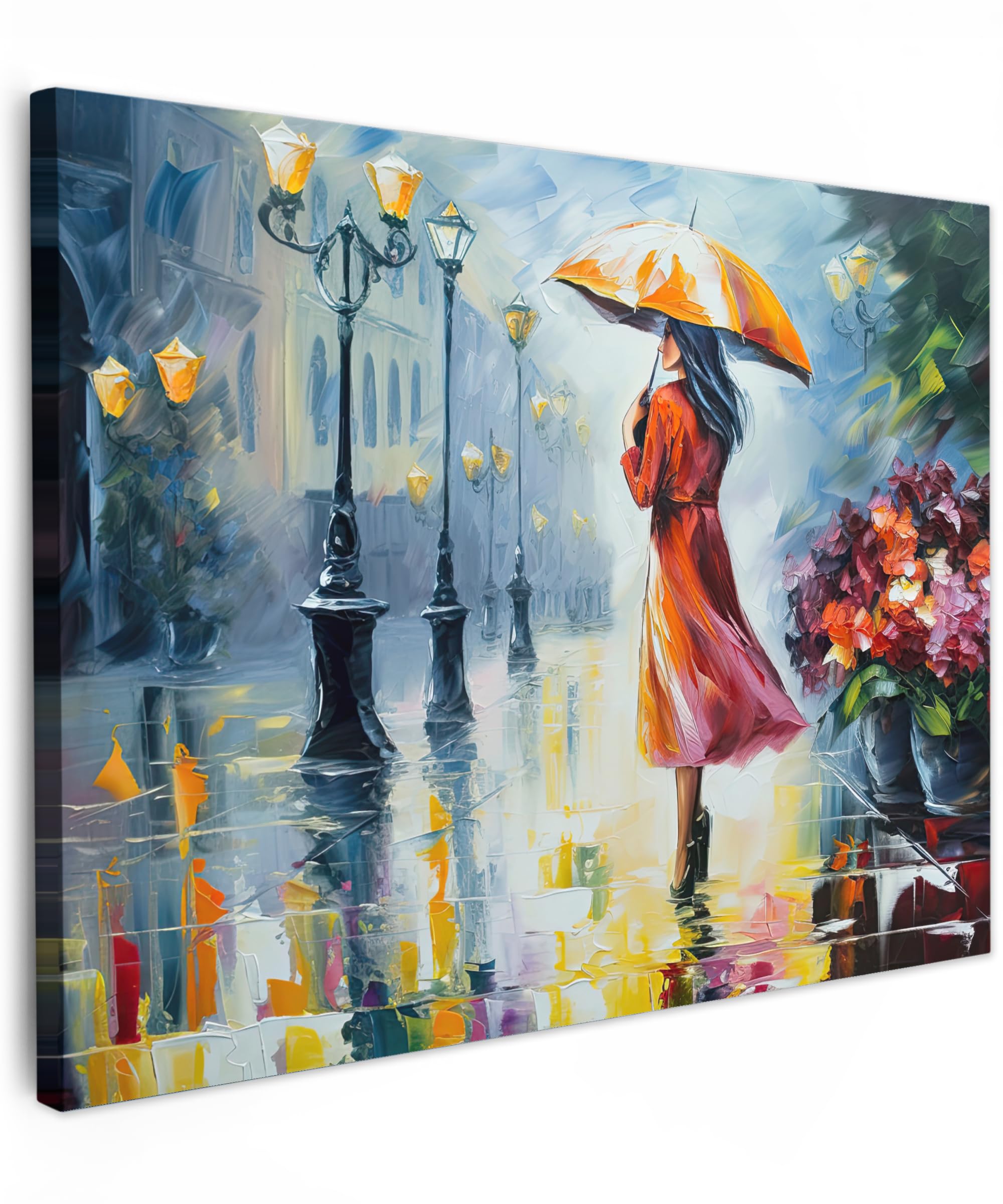MuchoWow© Leinwand 40x30 cm Deko Schlafzimmer Aesthetic Leinwandbilder Wohnzimmer Gemälde Foto Geschenk Living Room Decoration Kunstdruck - Öl - Bunt - Regenschirm - Frau - Straße - Kunst