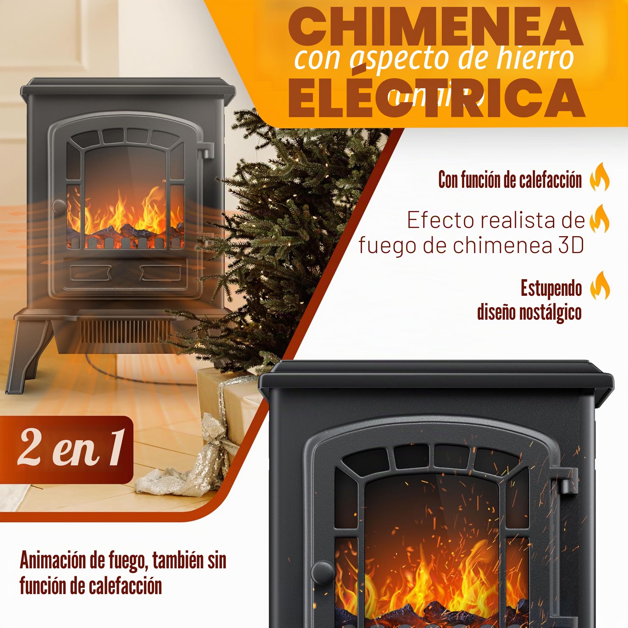KESSER® Estufa eléctrica con Ventilador de 2000W Calentador eléctrico Estufa LED Efecto Llama, bajo Ruido, Ajustable, Negro