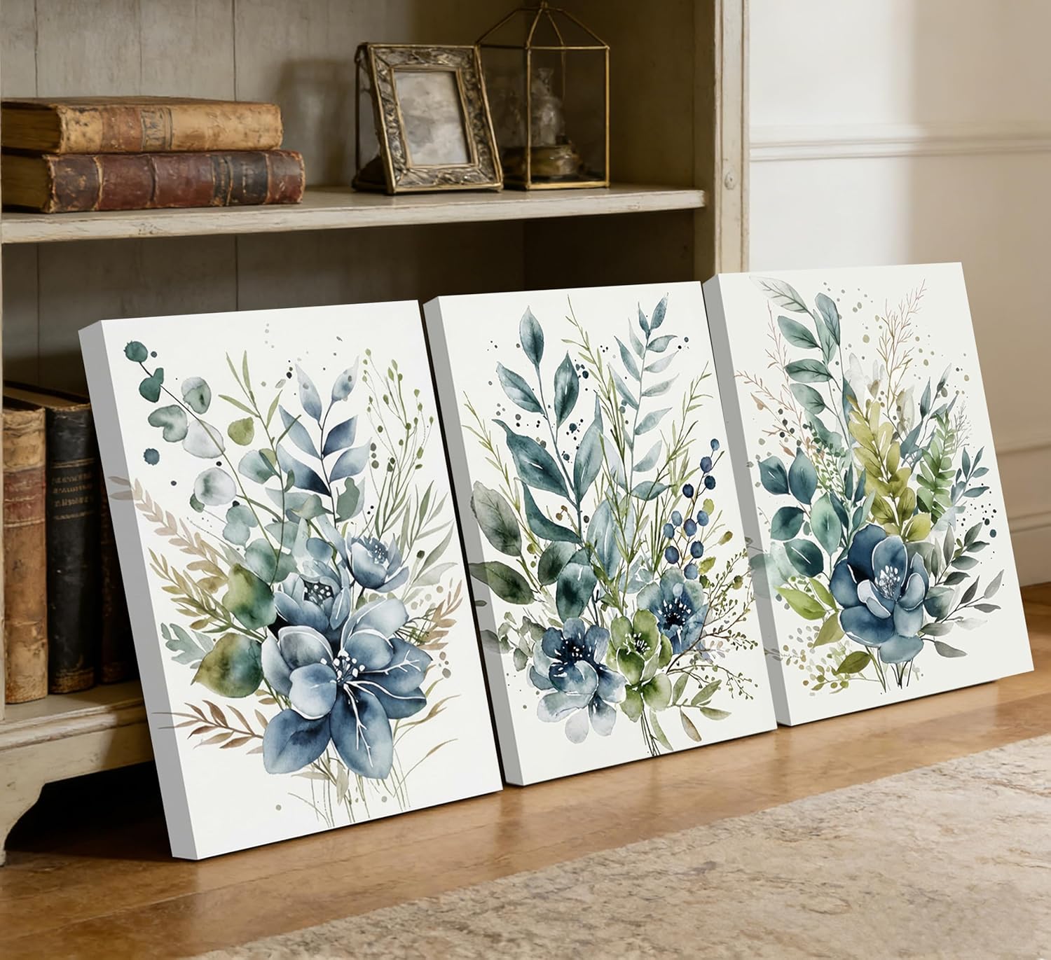 3Pcs Sage Canvas Wall Art, Boho Floral Eucalyptus Leaf Painting Picture Wall Decor, Modern Minimalist Watercolor Botanical Poster Print Artwork, for Bedroom Bathroom Living Home Decoration