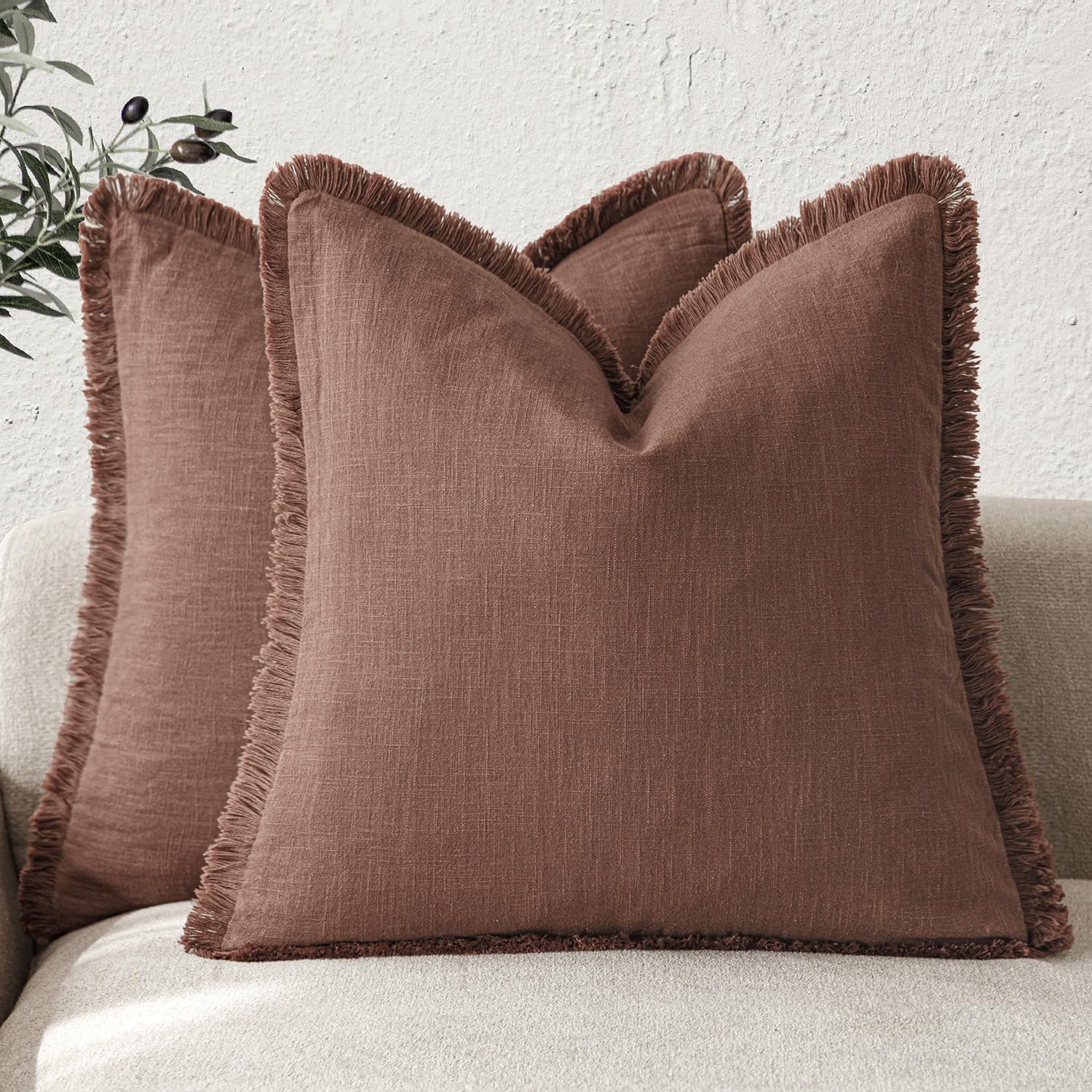 Foindtower Set of 2 Decorative Linen Fringe Throw Pillow Covers Cozy Boho Farmhouse Cushion Cover with Tassels Soft Accent Pillowcase for Couch Sofa