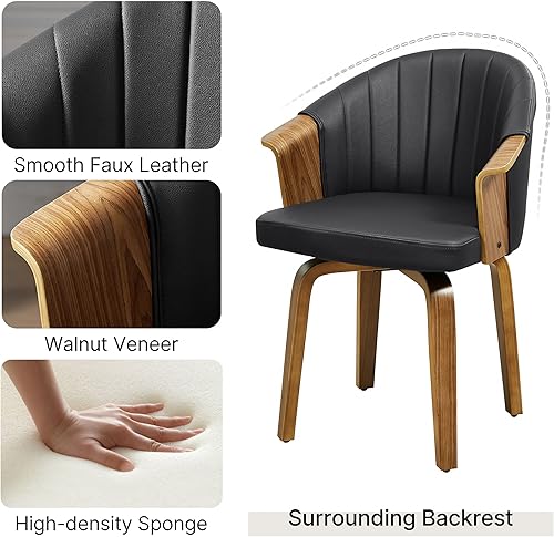 Miniatura 5 de Art Leon Silla de escritorio sin ruedas, silla giratoria moderna de mediados de siglo, silla de escritorio de piel sintética para oficina en casa