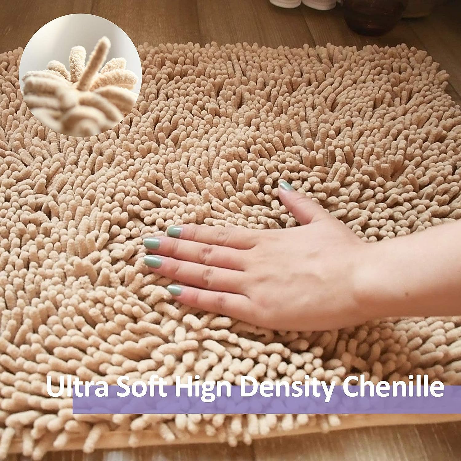 COMPOLICY 3 Piece Bath Mat Set, Beige Non Slip Chenille Bathroom Mats, Washable Super Absorbent Toilet & Shower Rug Set for Bathroom - Image 4