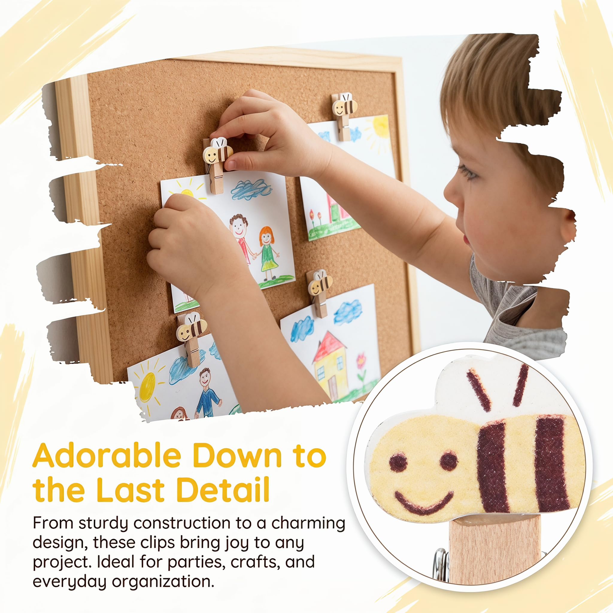 Veemoon Mini-Wäscheklammern aus Holz, Bienenklammern, Beige, Bastelklammern mit Seil, Foto-Display, Babyparty, Partyzubehör, 30 Stück