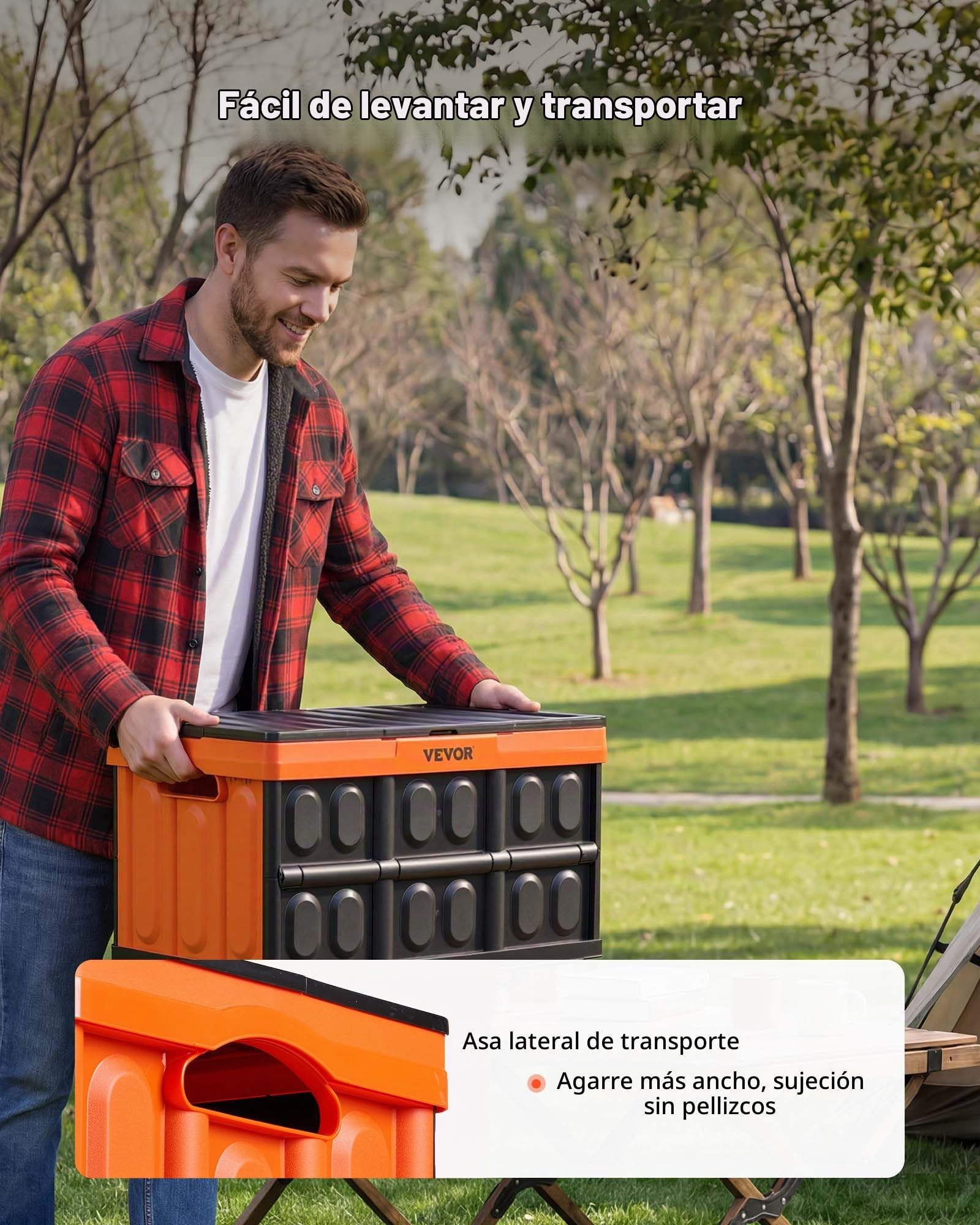 VEVOR Cajas de Almacenaje Plegables de Plástico 45 L, 3 Unidades, Contenedores de Almacenaje con Asas, Tapa Apilable, Soporta 20 kg, Ahorra Espacio para Coche Camping Organización Hogar, Naranja Negro