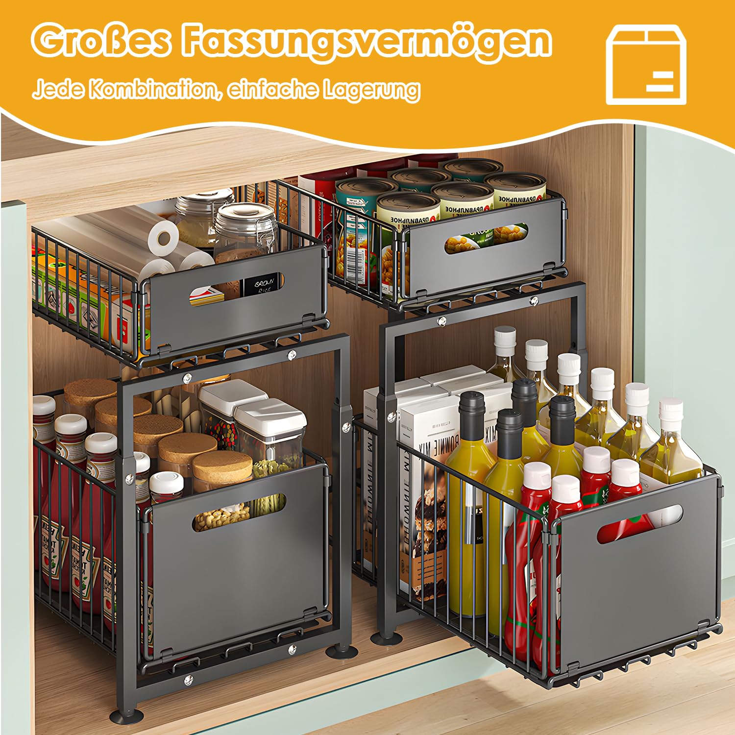 Schrank Organizer Küche Ausziehbar, Unterschrank Organizer mit Schublade | 1PCS, Höhenverstellbare 41–49 cm, Metall Küchen Organizer für Spülenunterschrank und Küchenschrank, Ohne Bohren