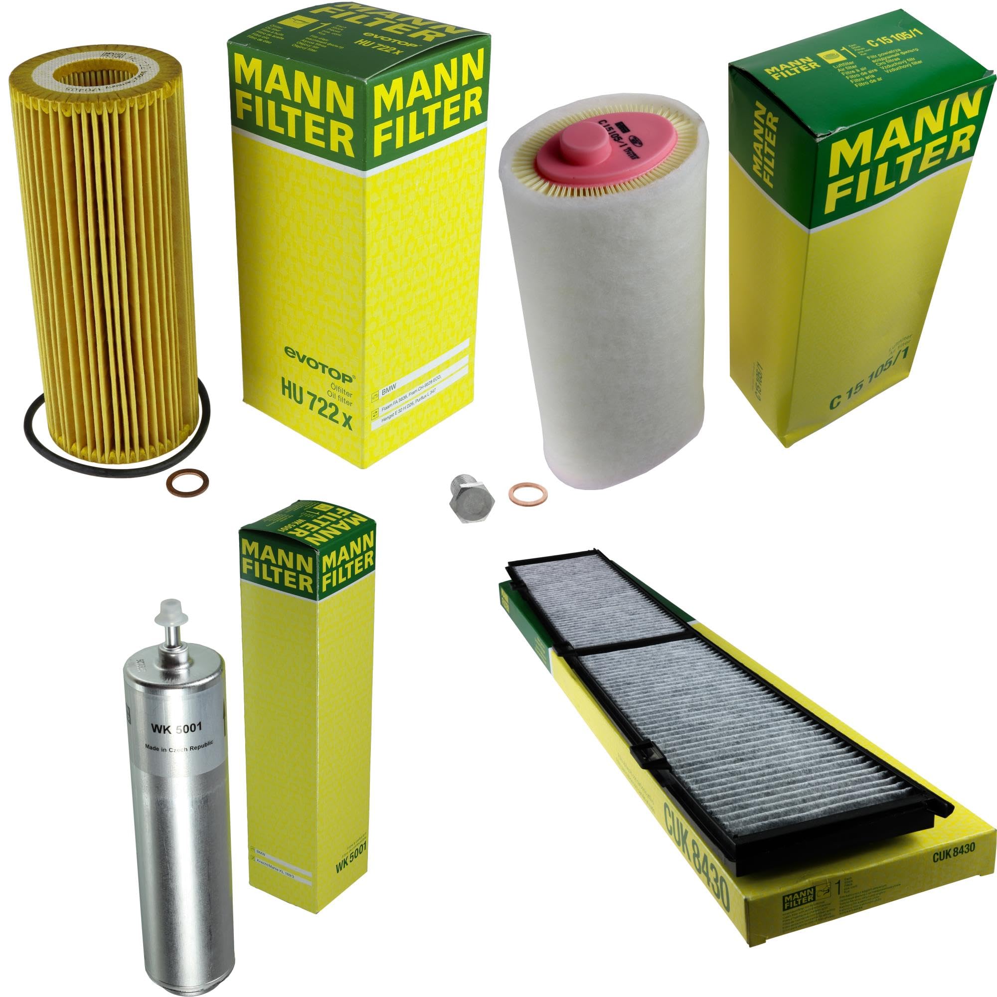 Paquete de inspección Kit de mantenimiento de filtros con filtro de aceite HU 722 x, filtro de aire C 15 105/1, filtro de combustible WK 5001, filtro de habitáculo CUK 8430, tornillo de