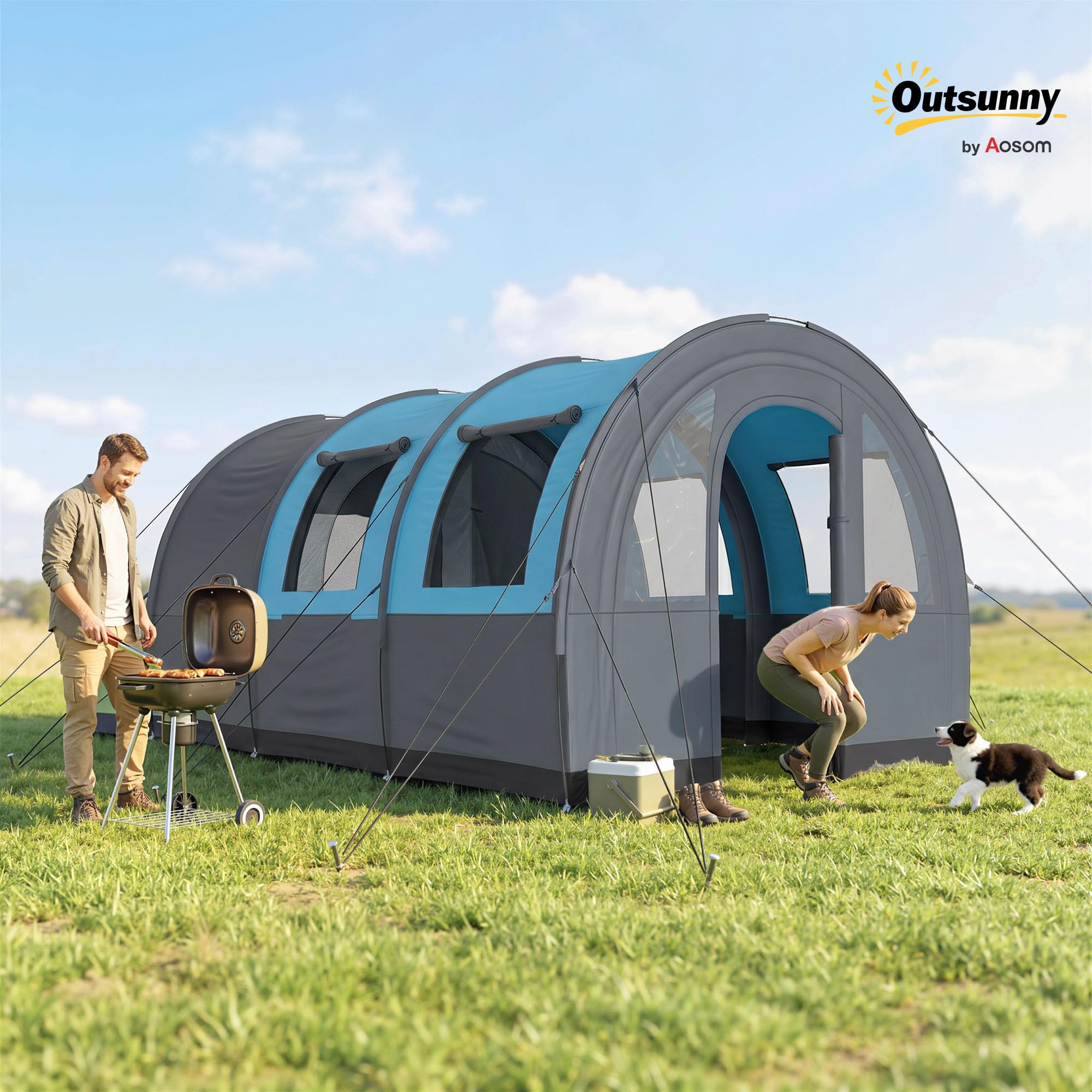 Outsunny Tienda de Campaña Familiar para 3 Personas Tienda de Camping Plegable Impermeable 3000 mm con 2 Habitaciones Puertas y Bolsa de Transporte para Senderismo 480x260x200 cm Gris