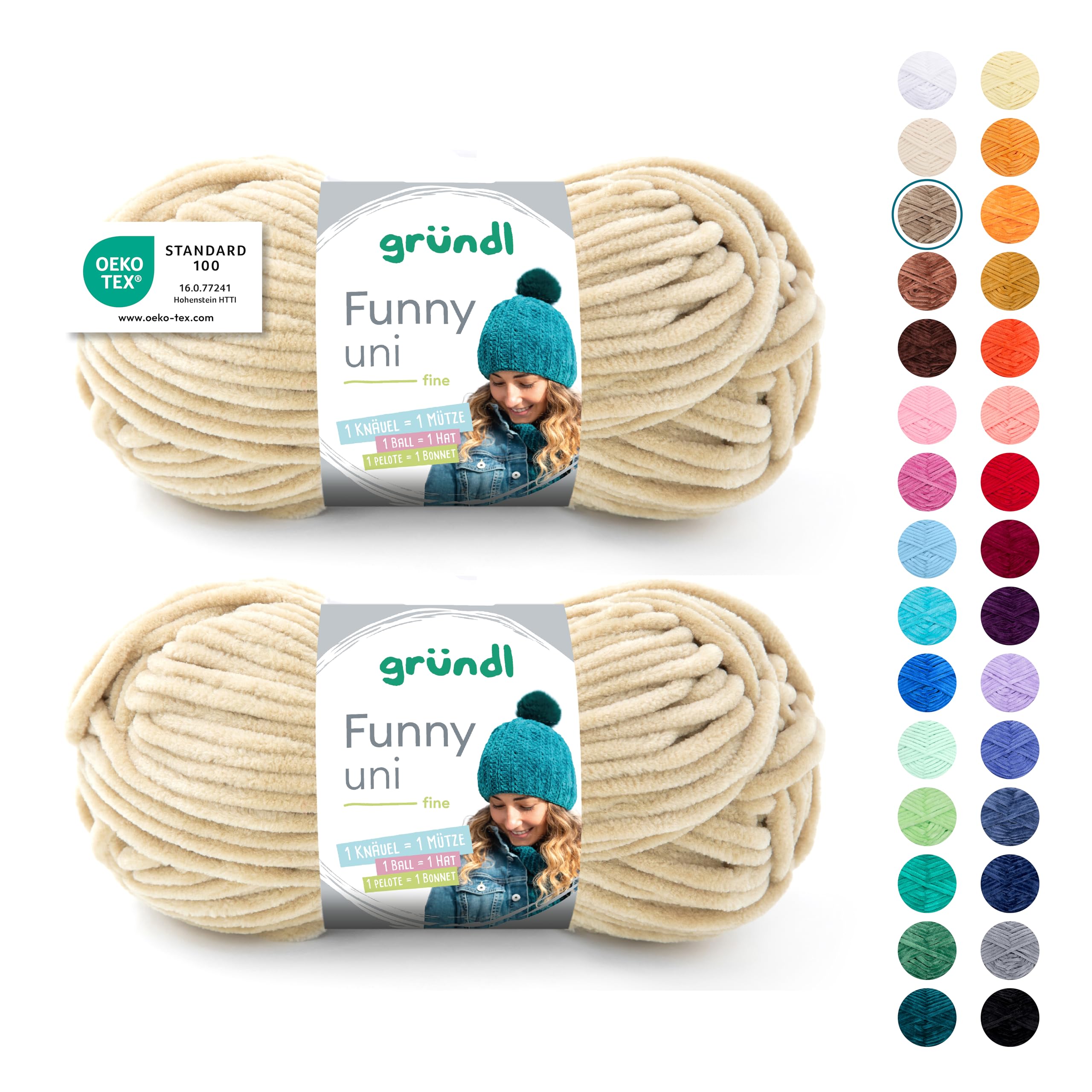Gründl Laine Funny uni - laine chenille douce pour le crochet – moelleuse et respectueuse de la peau - 100% polyester – 2 pelotes 100 g / 120 m – taille d’aiguille 5-6 -beige - 2