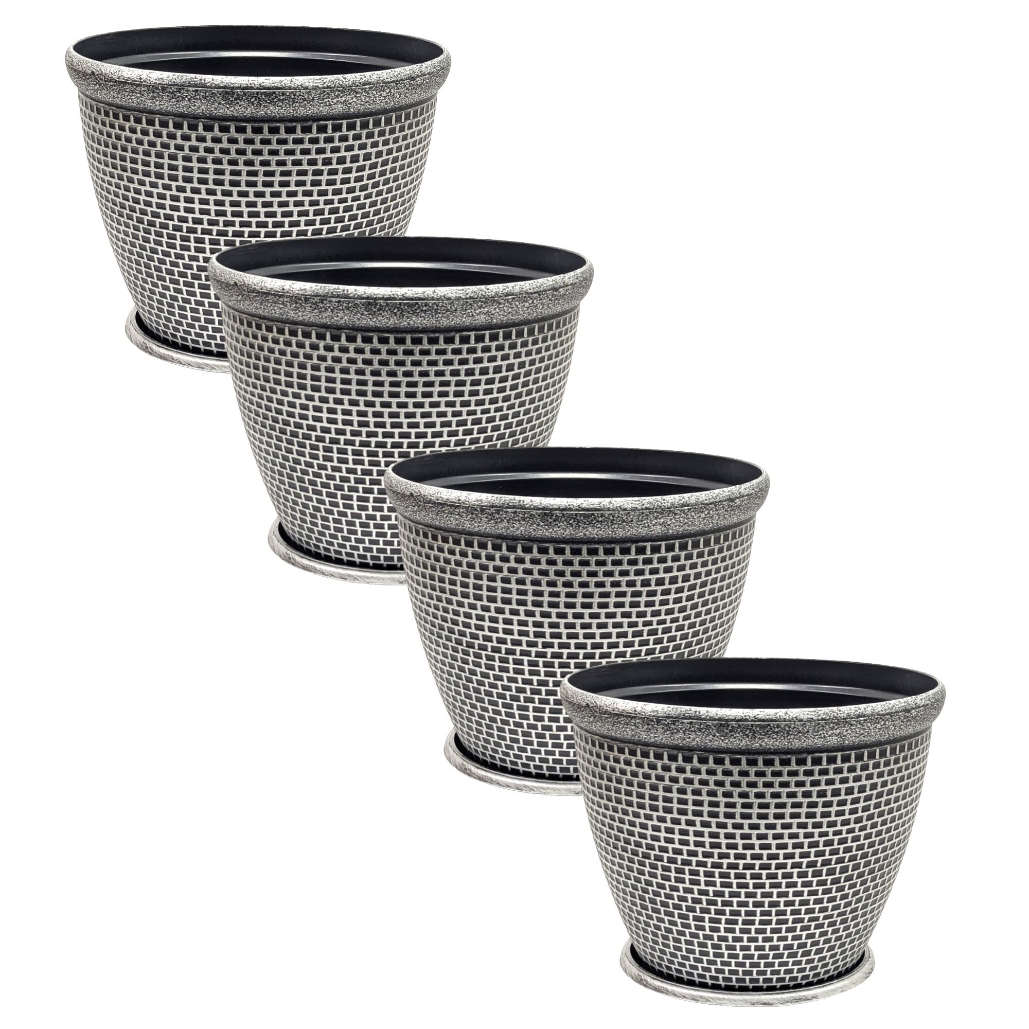 – Set of 4 Large Plastic Round Silver Cromarty Plant Pot with Saucers Flower Pot Planter Garden Decoration Antique 30cm, 12inch Outside Planters 10L Outdoor With Drainage Holes